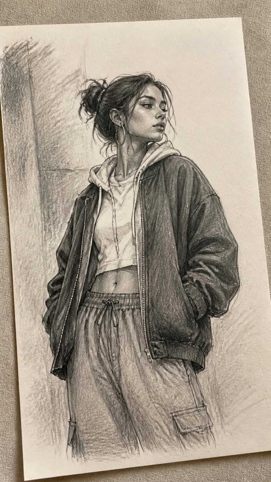 20 Girl Drawing Concepts to Elevate Your Art Game 7 Hand-drawn urban street style in graphite drawing on textured paper, shown in a gentle oblique desk view that shows paper tooth and — study 3