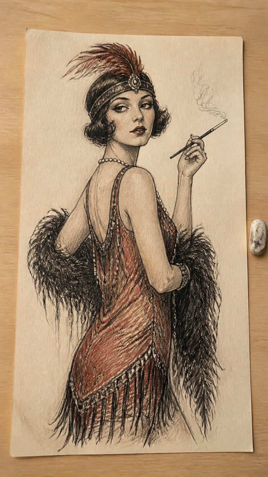 20 Girl Drawing Concepts to Elevate Your Art Game 15 Hand-drawn vintage flapper girl in sepia ink drawing on textured paper, shown in a straight overhead view — study 2