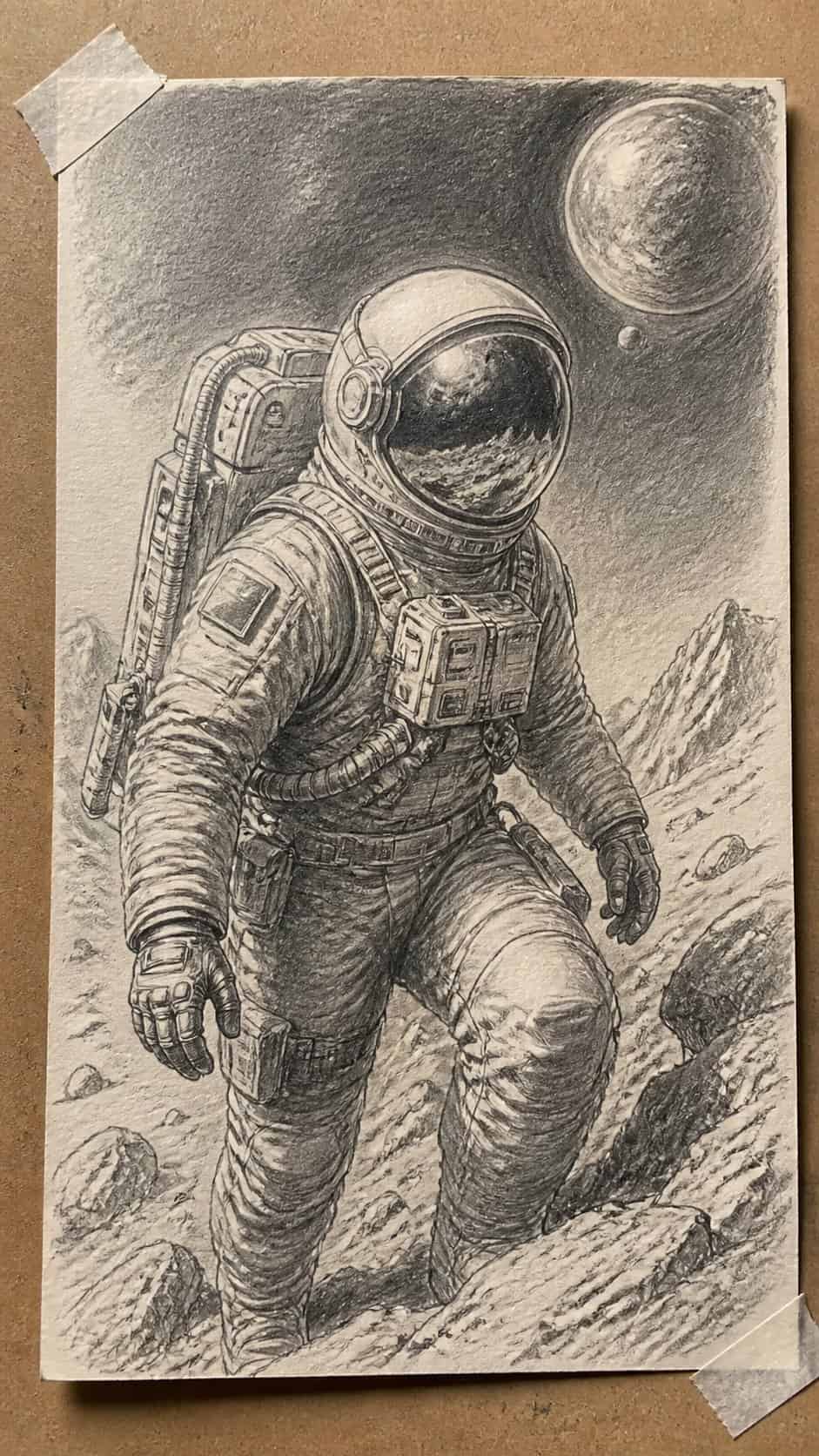 20 Girl Drawing Concepts to Elevate Your Art Game 16 Hand-drawn astronaut explorer in graphite drawing on textured paper, shown in a close overhead crop — study 1