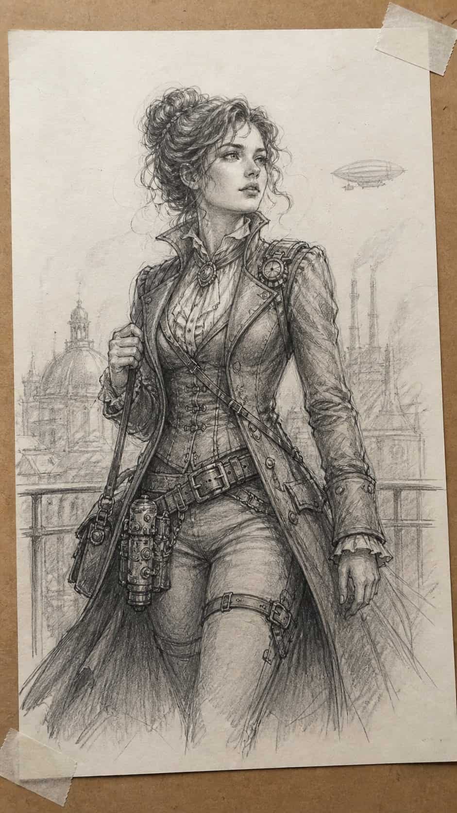 20 Girl Drawing Concepts to Elevate Your Art Game 20 Hand-drawn steampunk adventurer in graphite drawing on textured paper, shown in a slightly off-center overhead composition, like an — study 1
