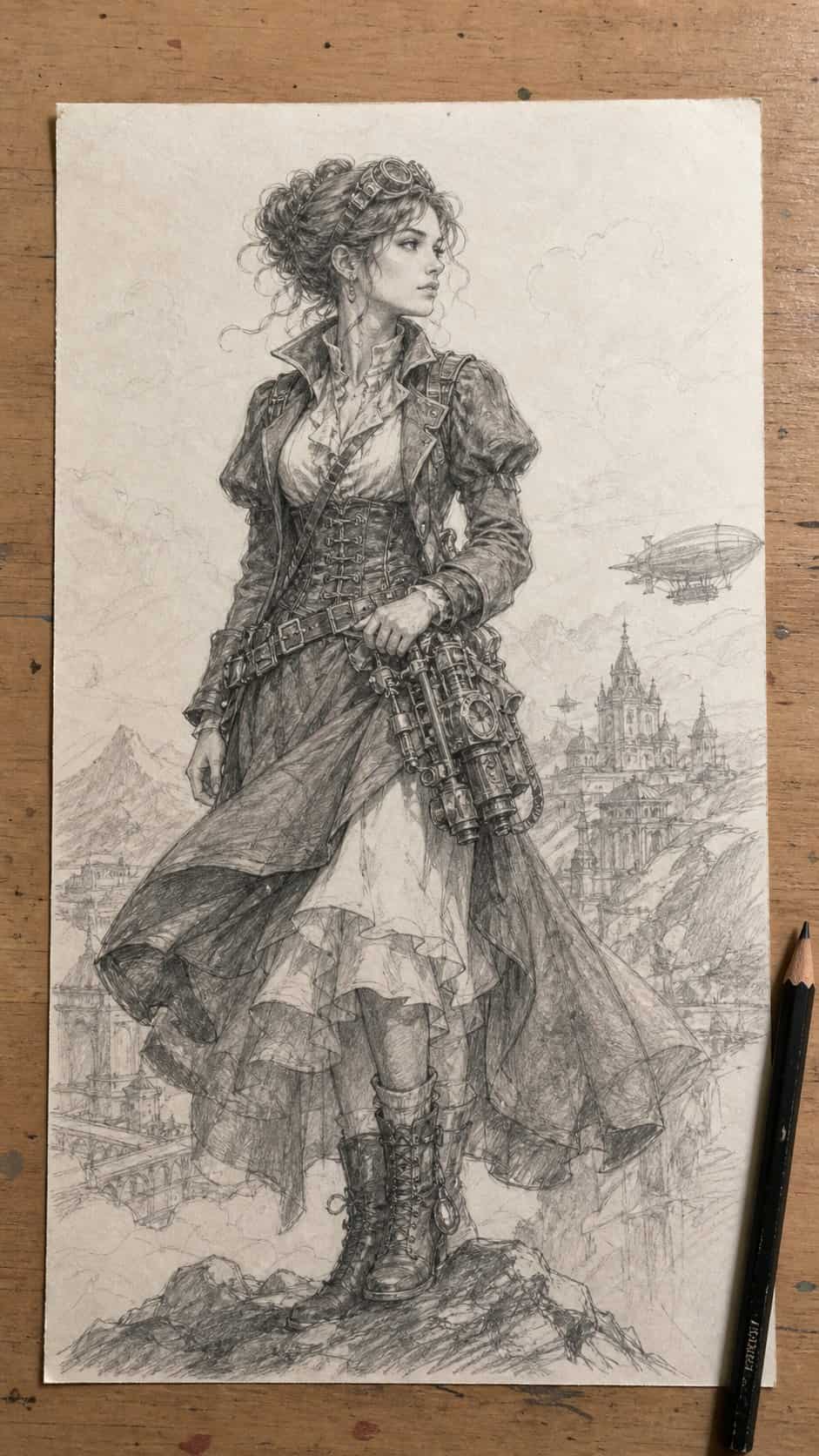 20 Girl Drawing Concepts to Elevate Your Art Game 21 Hand-drawn steampunk adventurer in graphite drawing on textured paper, shown in a straight overhead view — study 2