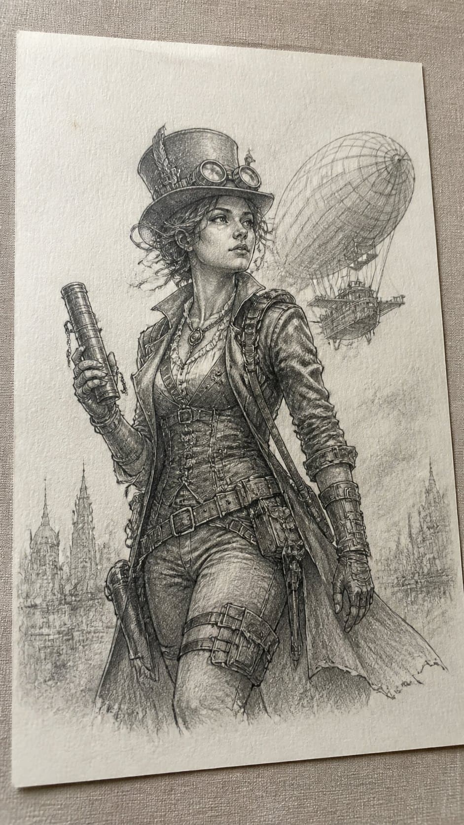 20 Girl Drawing Concepts to Elevate Your Art Game 22 Hand-drawn steampunk adventurer in graphite drawing on textured paper, shown in a gentle oblique desk view that shows paper tooth and — study 3