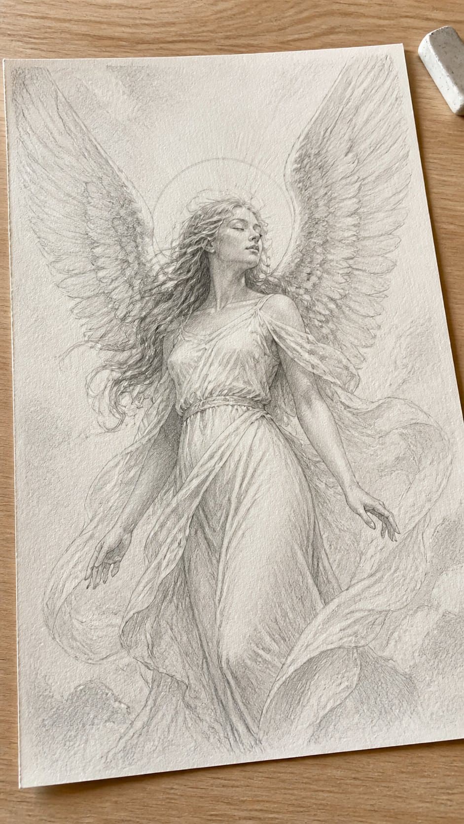 20 Girl Drawing Concepts to Elevate Your Art Game 24 Hand-drawn ethereal angel in graphite drawing on textured paper, shown in a close overhead crop — study 2