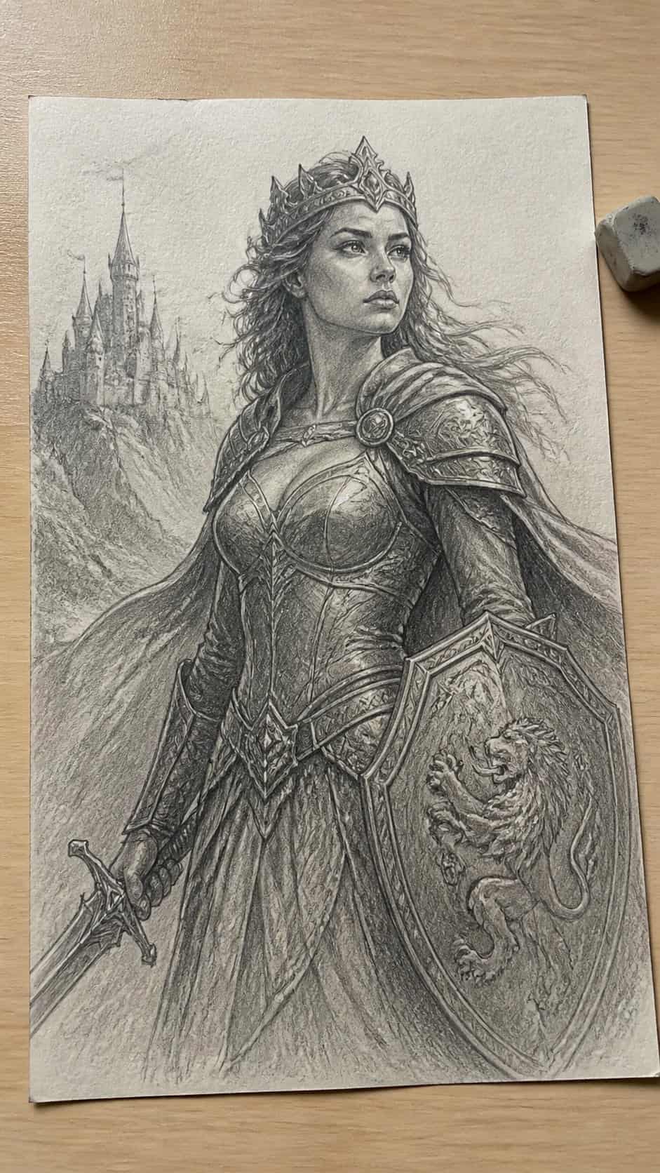20 Girl Drawing Concepts to Elevate Your Art Game 26 Hand-drawn warrior princess in graphite drawing on textured paper, shown in a straight overhead view — study 1