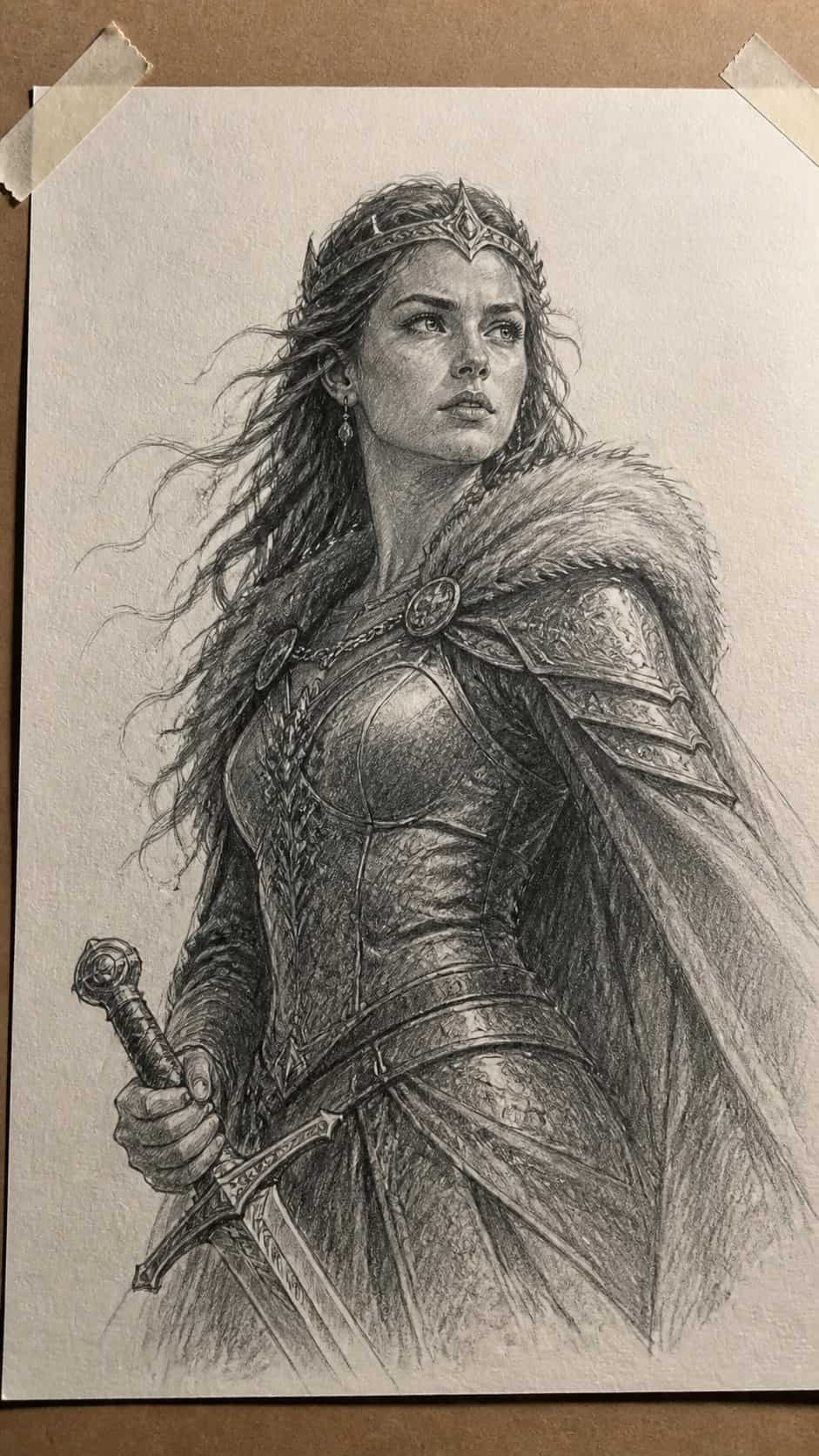 20 Girl Drawing Concepts to Elevate Your Art Game 27 Hand-drawn warrior princess in graphite drawing on textured paper, shown in a gentle oblique desk view that shows paper tooth and — study 2