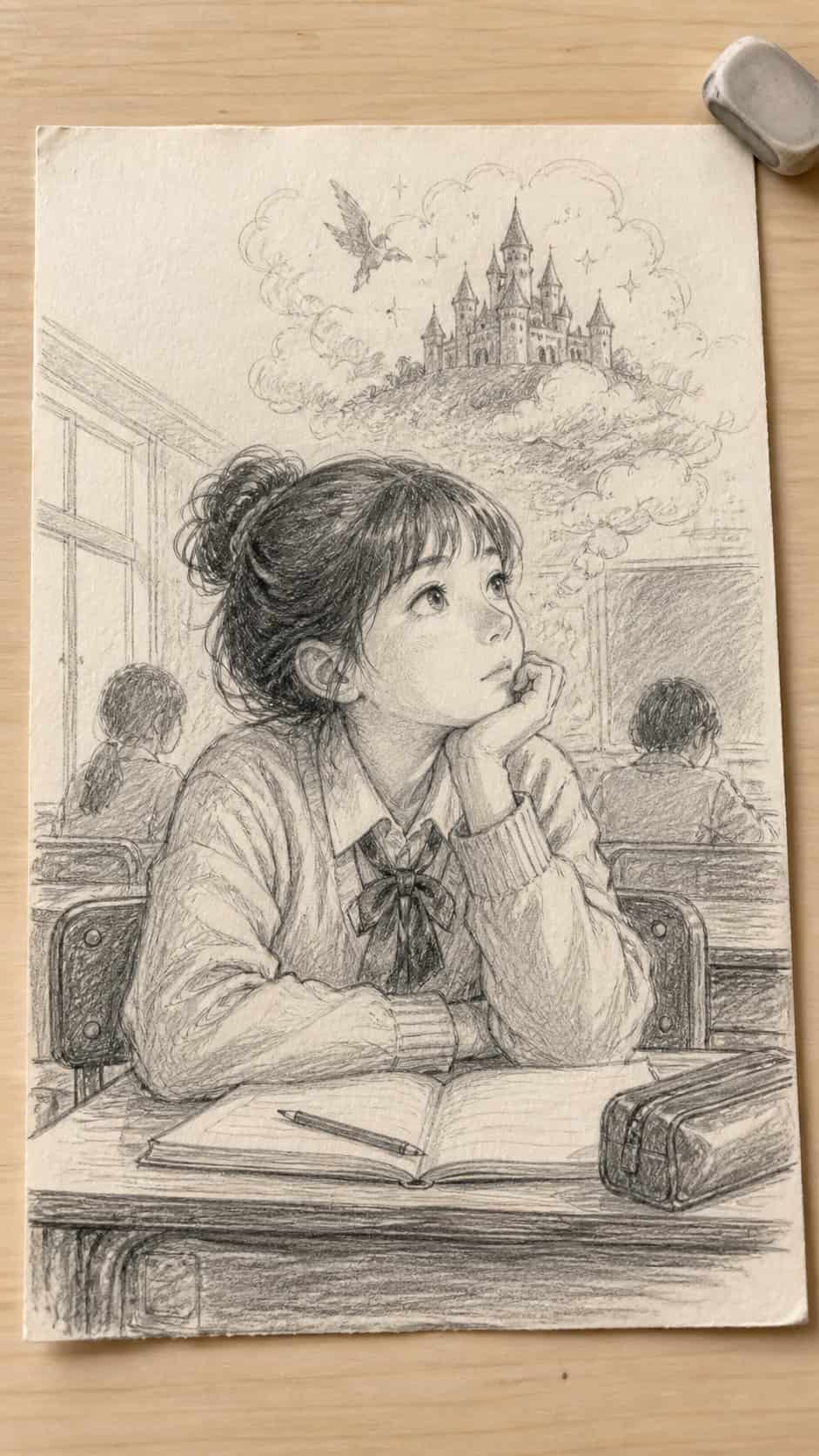 20 Girl Drawing Concepts to Elevate Your Art Game 28 Hand-drawn daydreaming schoolgirl in graphite drawing on textured paper, shown in a straight overhead view — study 1
