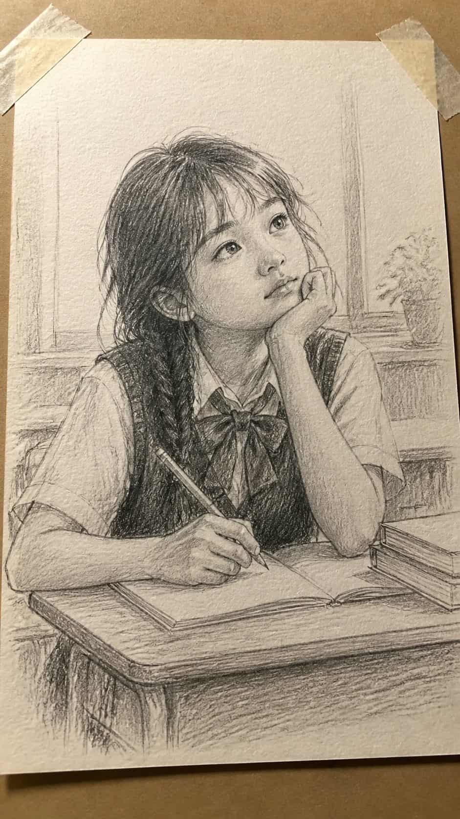 20 Girl Drawing Concepts to Elevate Your Art Game 29 Hand-drawn daydreaming schoolgirl in graphite drawing on textured paper, shown in a gentle oblique desk view that shows paper tooth — study 2