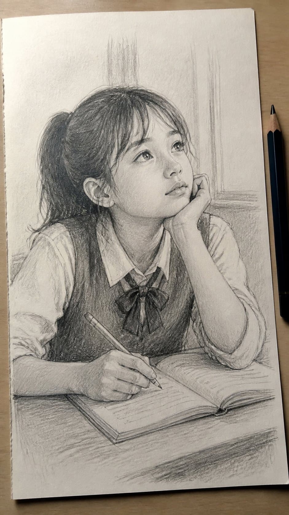 20 Girl Drawing Concepts to Elevate Your Art Game 30 Hand-drawn daydreaming schoolgirl in graphite drawing on textured paper, shown in a close overhead crop — study 3