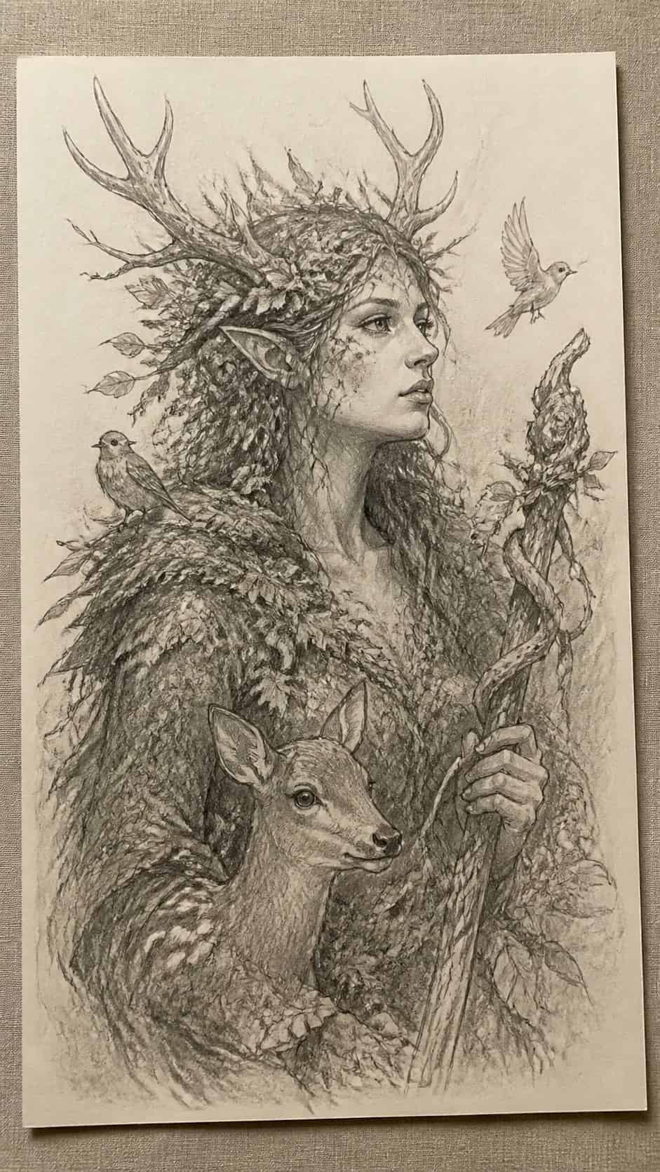 20 Girl Drawing Concepts to Elevate Your Art Game 31 Hand-drawn forest guardian in graphite drawing on textured paper, shown in a slightly off-center overhead composition, like an artist — study 1
