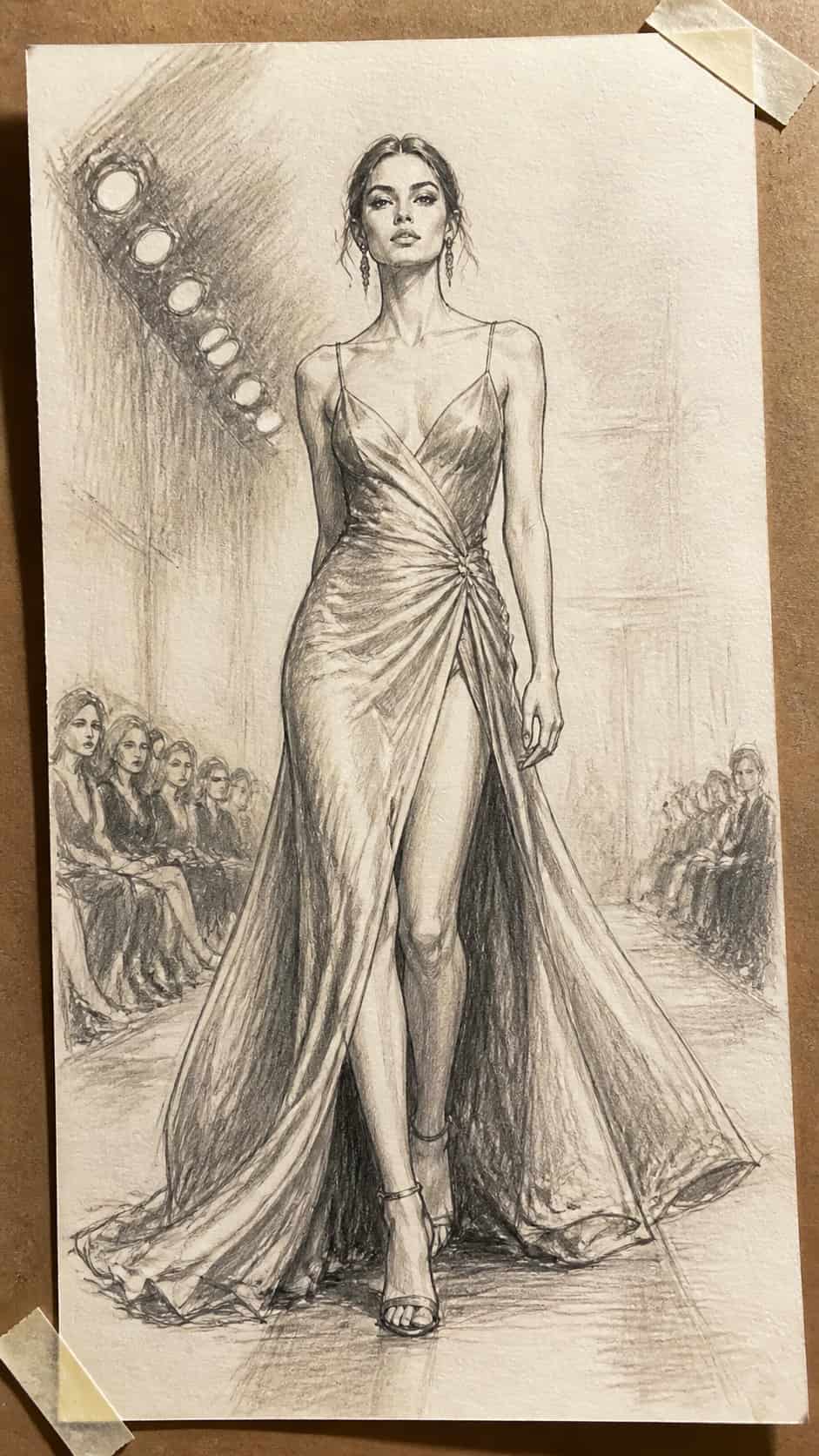 20 Girl Drawing Concepts to Elevate Your Art Game 32 Hand-drawn runway model in graphite drawing on textured paper, shown in a close overhead crop — study 1