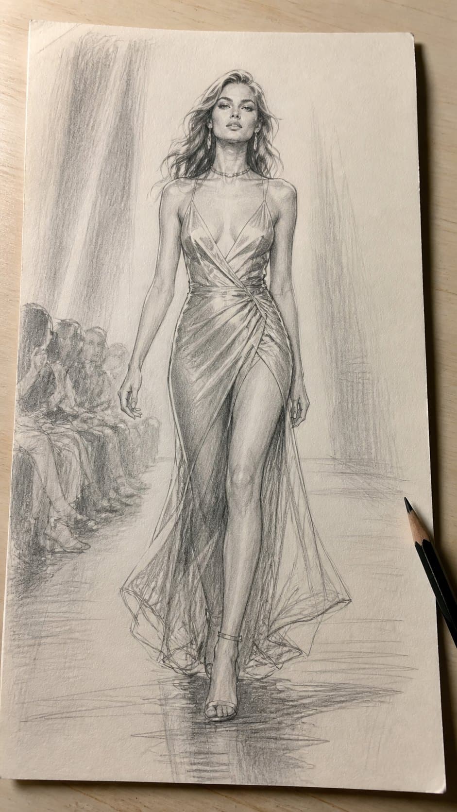 20 Girl Drawing Concepts to Elevate Your Art Game 33 Hand-drawn runway model in graphite drawing on textured paper, shown in a slightly off-center overhead composition, like an artist — study 2