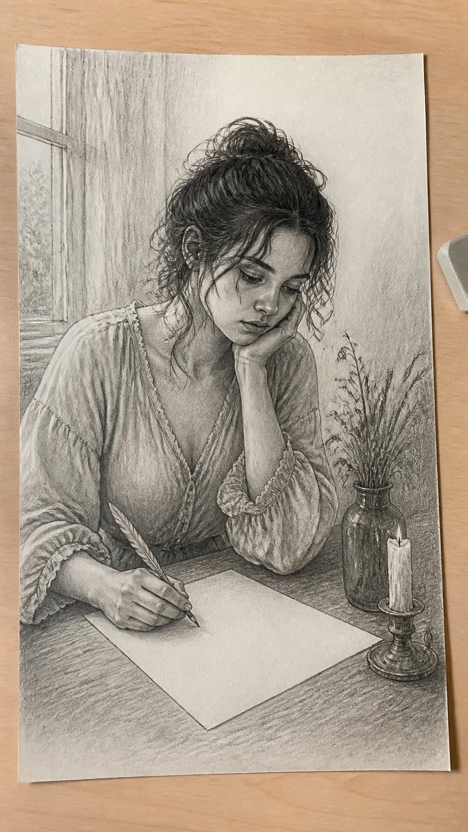 20 Girl Drawing Concepts to Elevate Your Art Game 34 Hand-drawn melancholic poet in graphite drawing on textured paper, shown in a straight overhead view — study 1