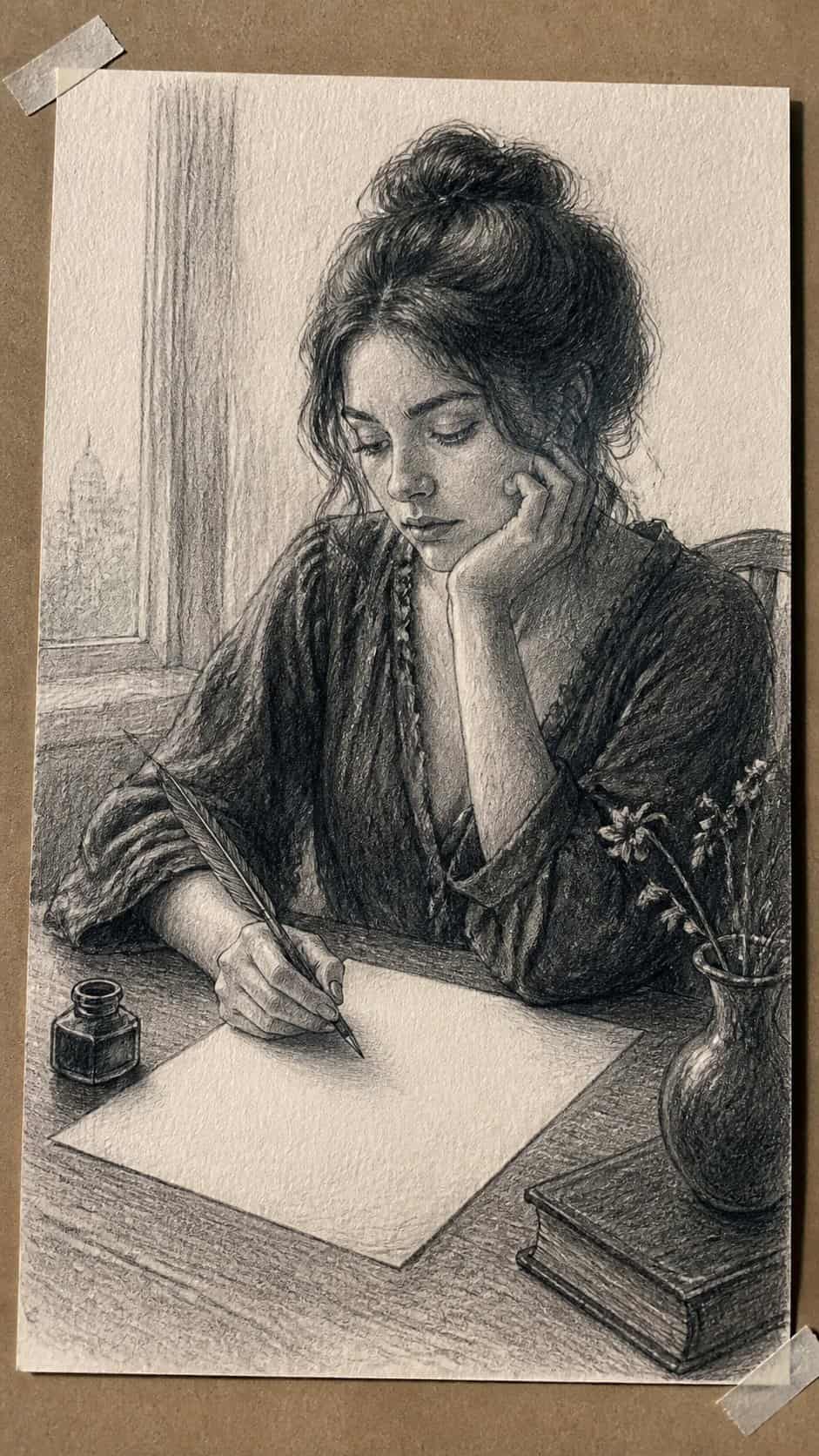 20 Girl Drawing Concepts to Elevate Your Art Game 35 Hand-drawn melancholic poet in graphite drawing on textured paper, shown in a gentle oblique desk view that shows paper tooth and — study 2