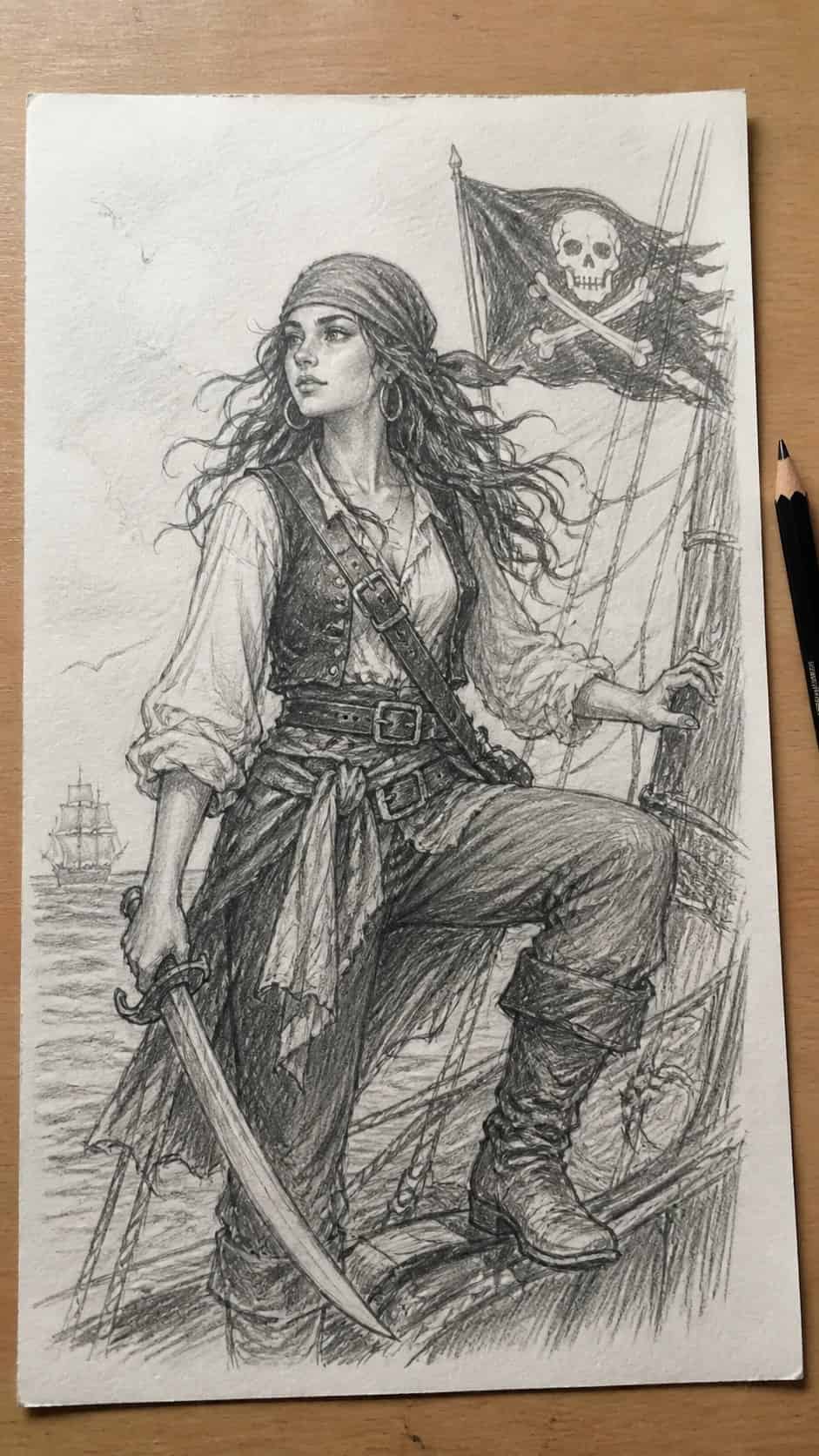 20 Girl Drawing Concepts to Elevate Your Art Game 36 Hand-drawn adventurous pirate in graphite drawing on textured paper, shown in a straight overhead view — study 1