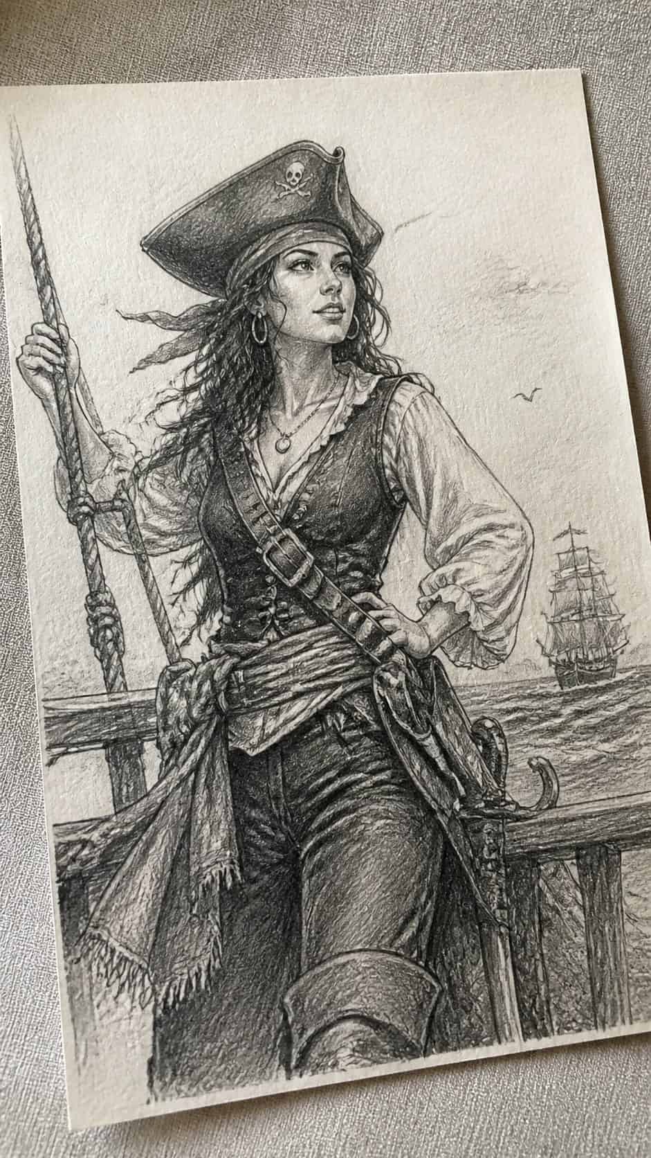 20 Girl Drawing Concepts to Elevate Your Art Game 37 Hand-drawn adventurous pirate in graphite drawing on textured paper, shown in a gentle oblique desk view that shows paper tooth and — study 2