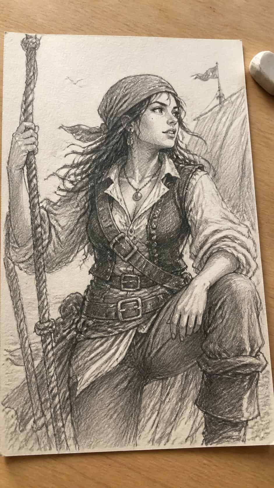 20 Girl Drawing Concepts to Elevate Your Art Game 38 Hand-drawn adventurous pirate in graphite drawing on textured paper, shown in a close overhead crop — study 3