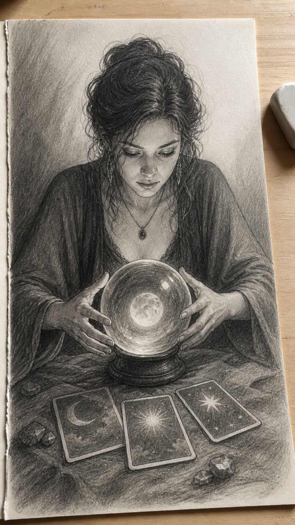 20 Girl Drawing Concepts to Elevate Your Art Game 39 Hand-drawn mystical oracle in graphite drawing on textured paper, shown in a close overhead crop — study 1
