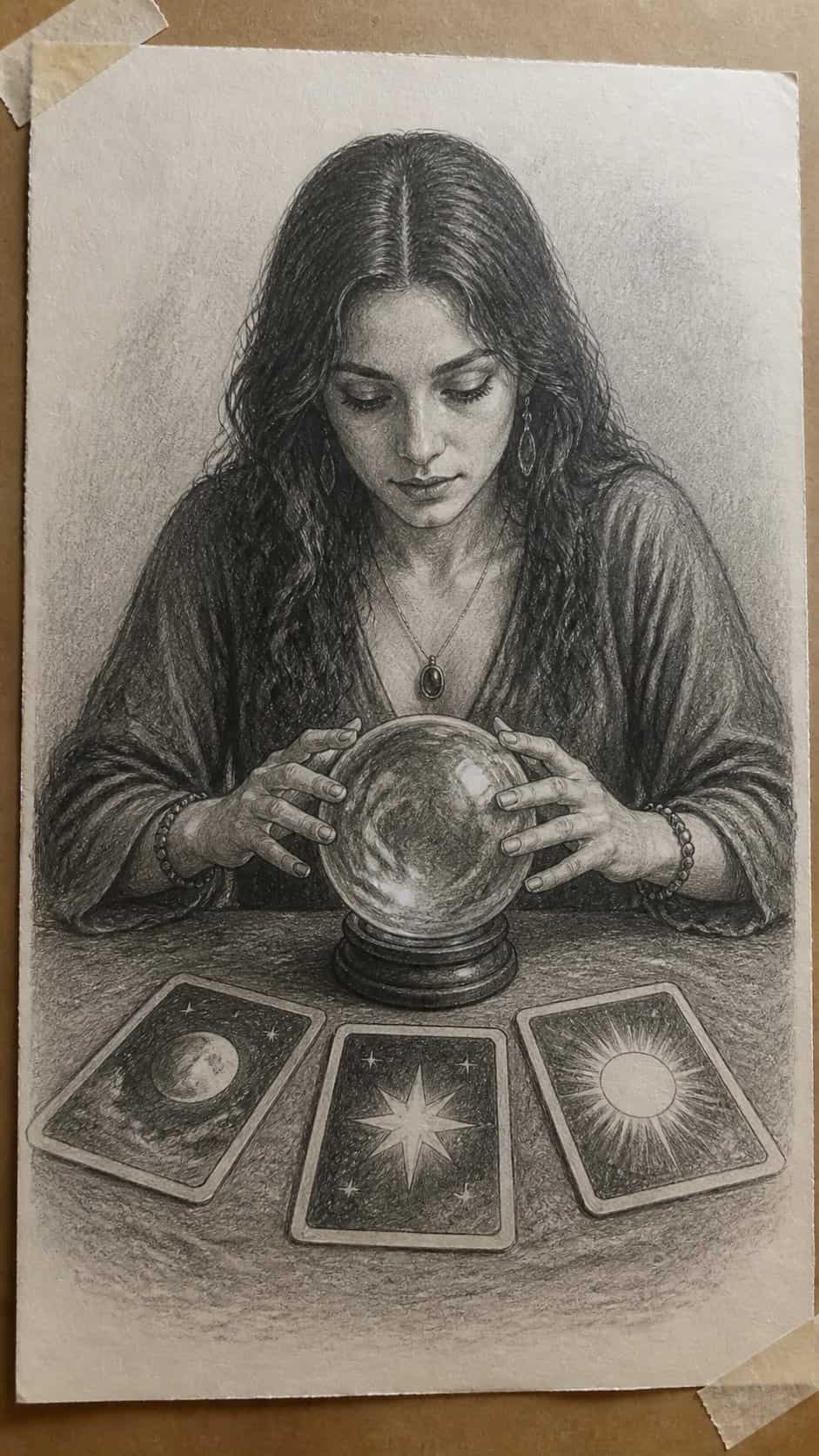 20 Girl Drawing Concepts to Elevate Your Art Game 40 Hand-drawn mystical oracle in graphite drawing on textured paper, shown in a slightly off-center overhead composition, like an artist — study 2