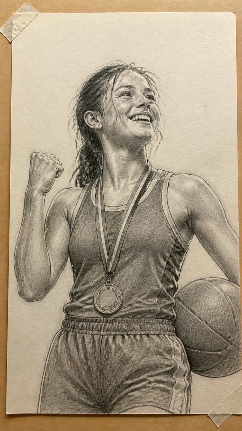20 Girl Drawing Concepts to Elevate Your Art Game 41 Hand-drawn athletic champion in graphite drawing on textured paper, shown in a close overhead crop — study 1