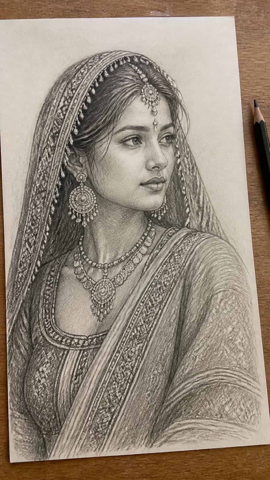 20 Girl Drawing Concepts to Elevate Your Art Game 43 Hand-drawn ethnic beauty in graphite drawing on textured paper, shown in a slightly off-center overhead composition, like an artist — study 1