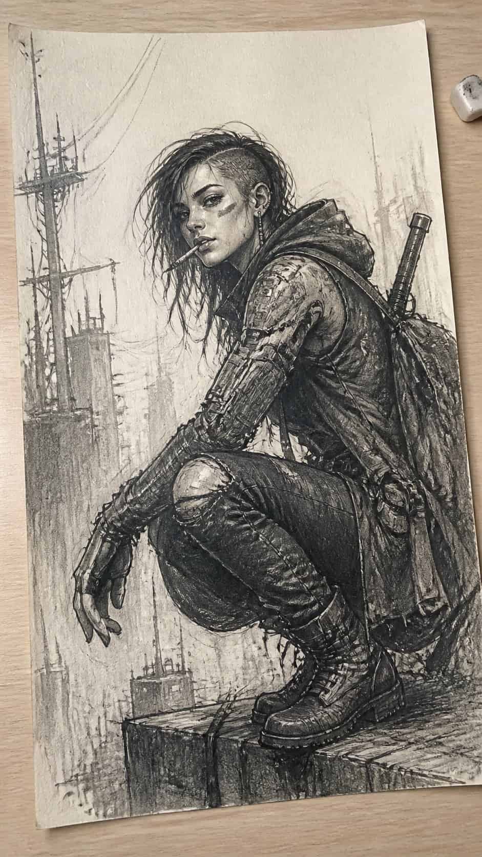 20 Girl Drawing Concepts to Elevate Your Art Game 45 Hand-drawn cyberpunk rebel in graphite drawing on textured paper, shown in a slightly off-center overhead composition, like an artist — study 1