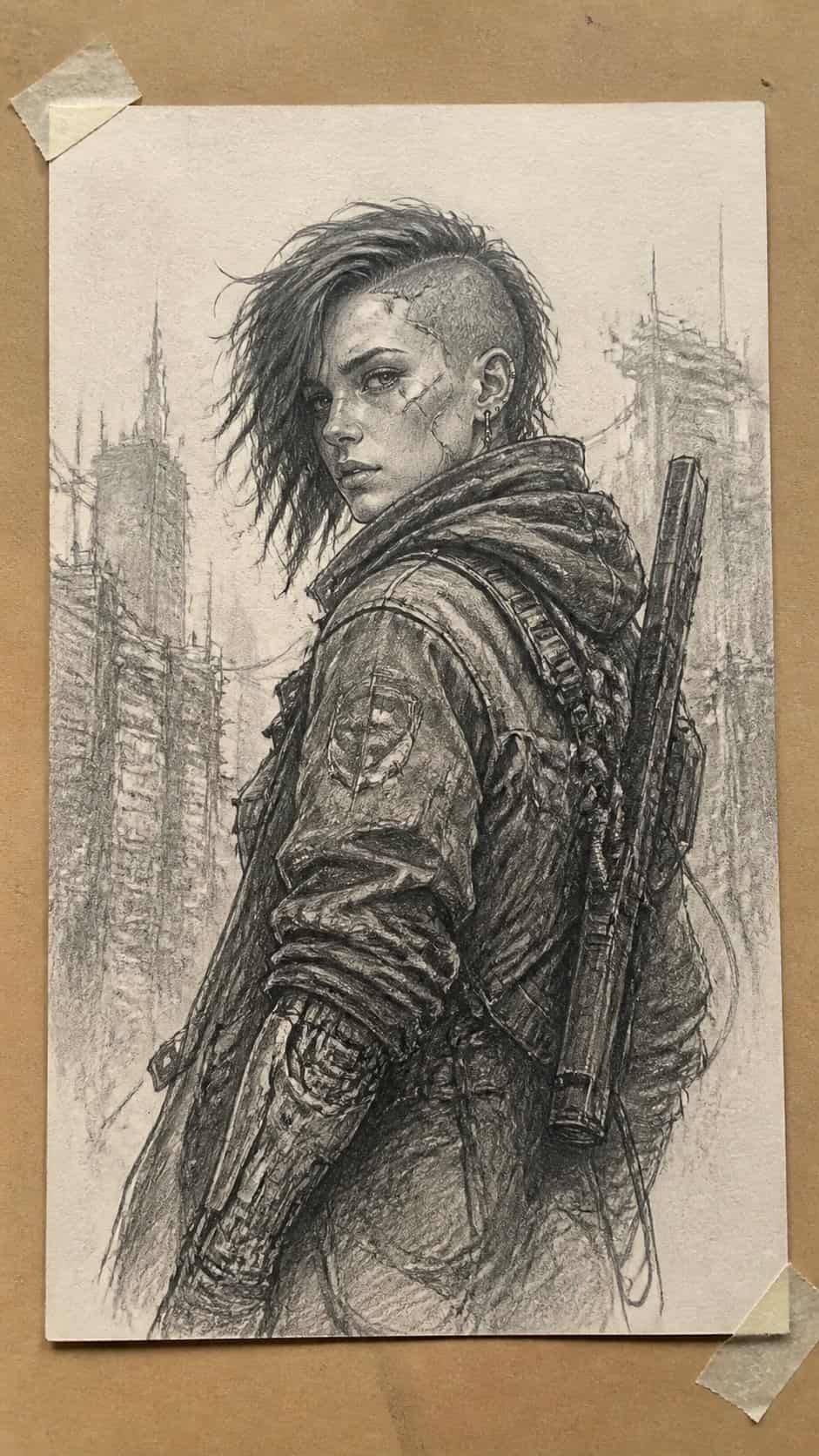 20 Girl Drawing Concepts to Elevate Your Art Game 46 Hand-drawn cyberpunk rebel in graphite drawing on textured paper, shown in a straight overhead view — study 2