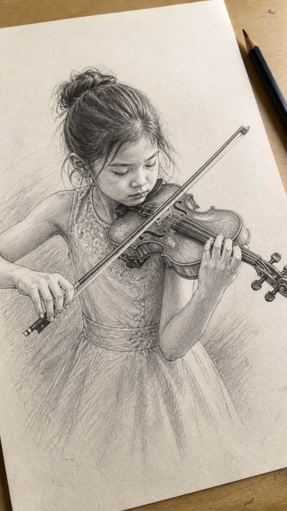 20 Girl Drawing Concepts to Elevate Your Art Game 47 Hand-drawn musical prodigy in graphite drawing on textured paper, shown in a gentle oblique desk view that shows paper tooth and — study 1