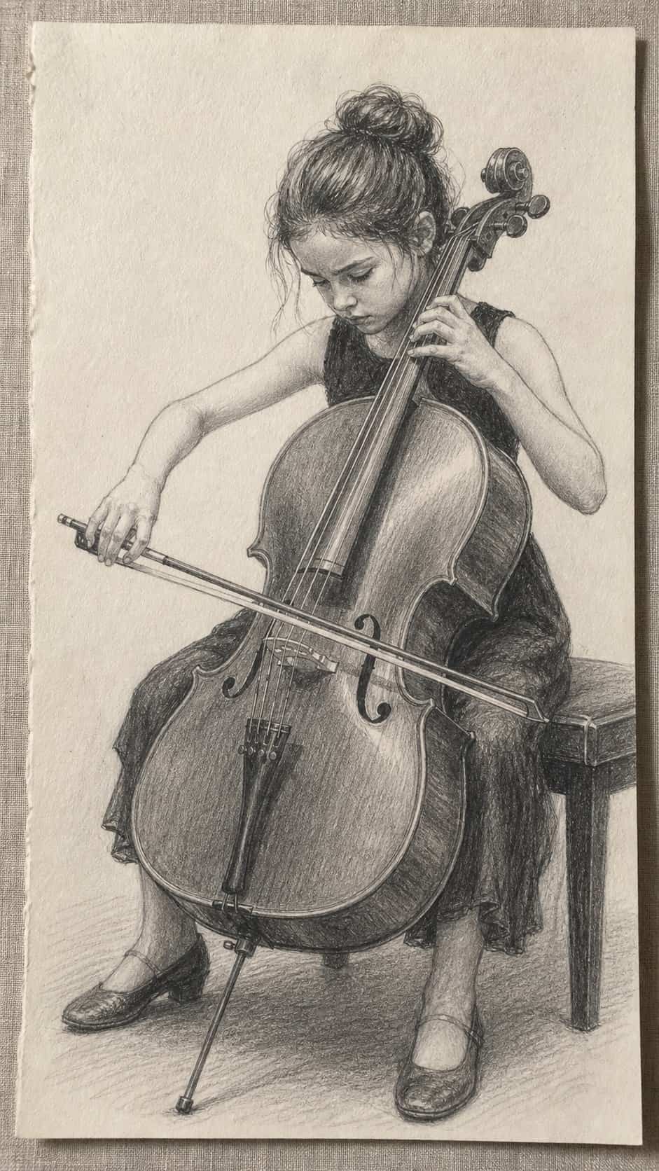 20 Girl Drawing Concepts to Elevate Your Art Game 48 Hand-drawn musical prodigy in graphite drawing on textured paper, shown in a close overhead crop — study 2