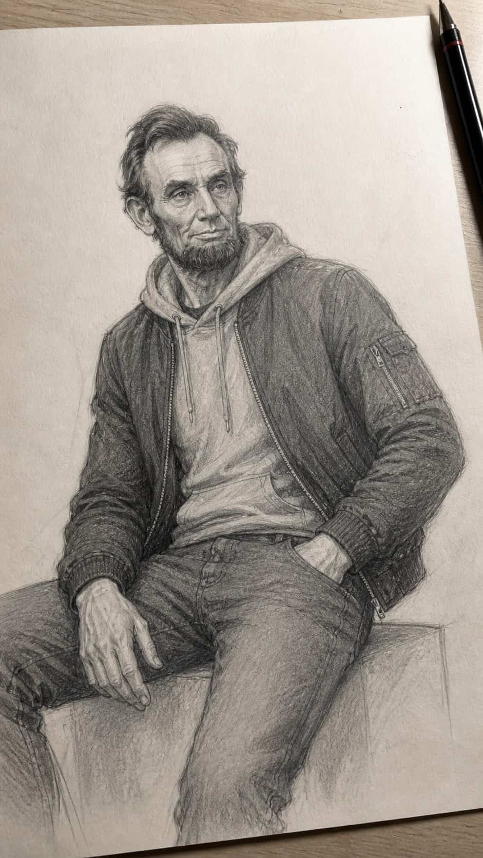 Bored with Your Sketchbook? 20 Drawing Ideas to Revive Your Creativity 4 Hand-drawn historical figures in modern clothes in graphite drawing on textured paper, shown in a slightly off-center overhead — study 1