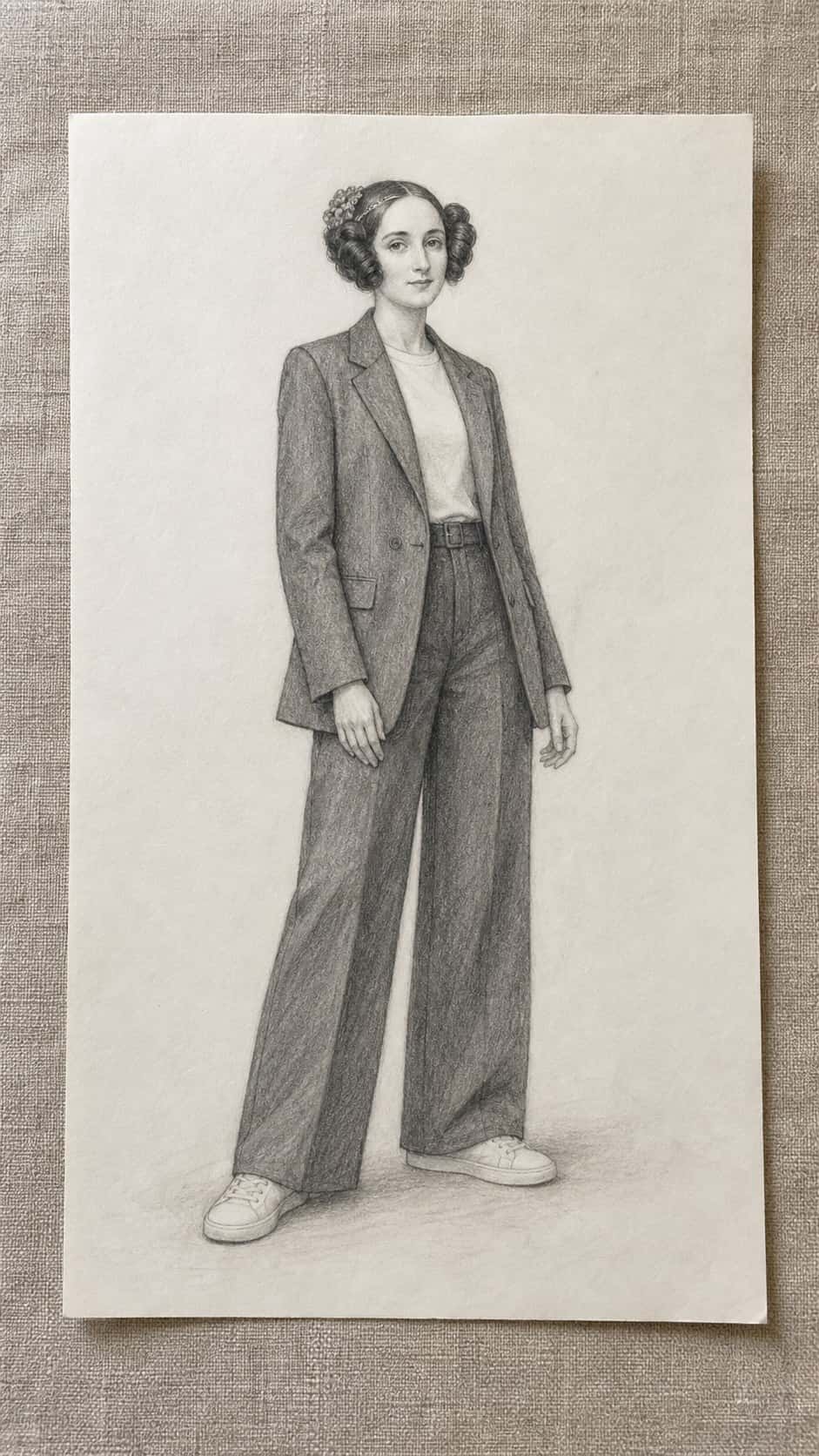 Bored with Your Sketchbook? 20 Drawing Ideas to Revive Your Creativity 5 Hand-drawn historical figures in modern clothes in graphite drawing on textured paper, shown in a straight overhead view — study 2