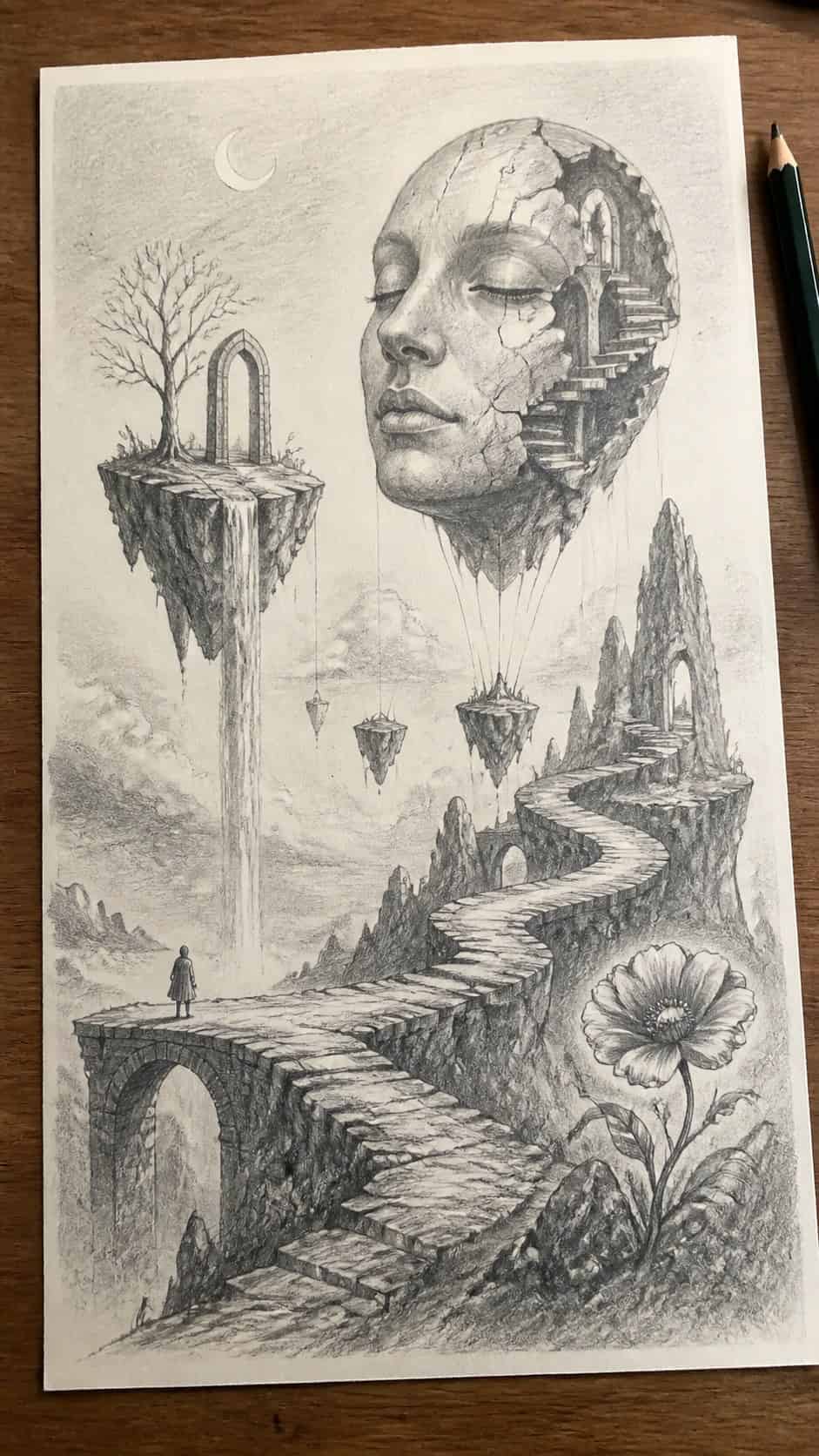Bored with Your Sketchbook? 20 Drawing Ideas to Revive Your Creativity 6 Hand-drawn surreal dreamscapes in graphite drawing on textured paper, shown in a straight overhead view — study 1