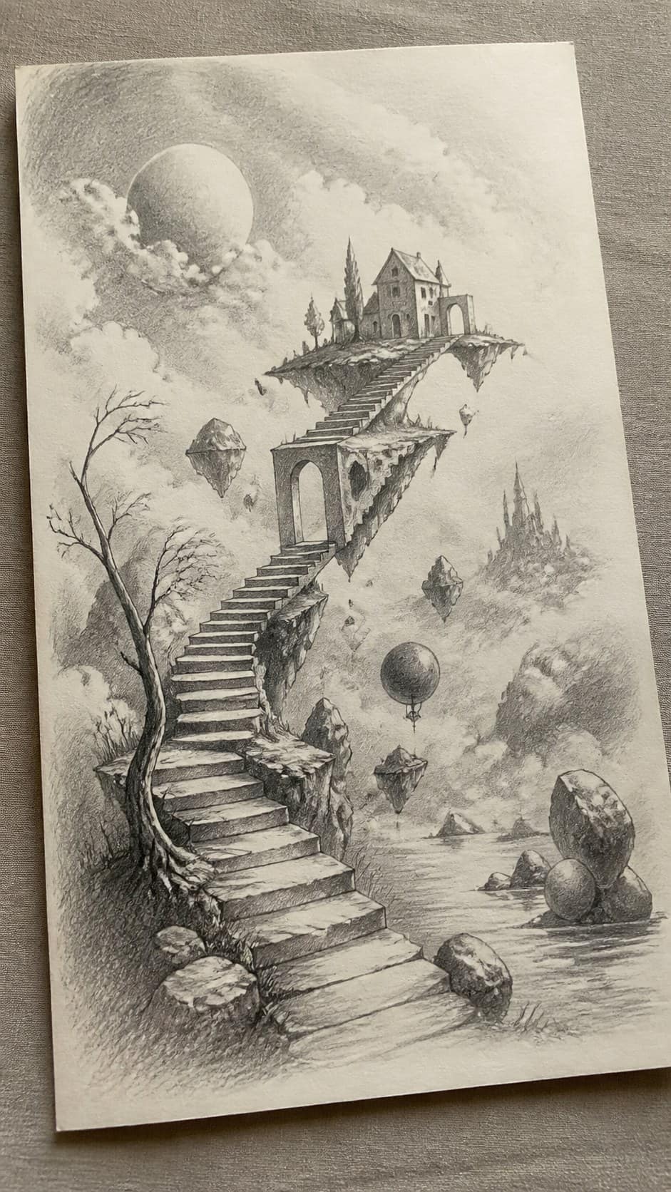 Bored with Your Sketchbook? 20 Drawing Ideas to Revive Your Creativity 7 Hand-drawn surreal dreamscapes in graphite drawing on textured paper, shown in a gentle oblique desk view that shows paper tooth and — study 2