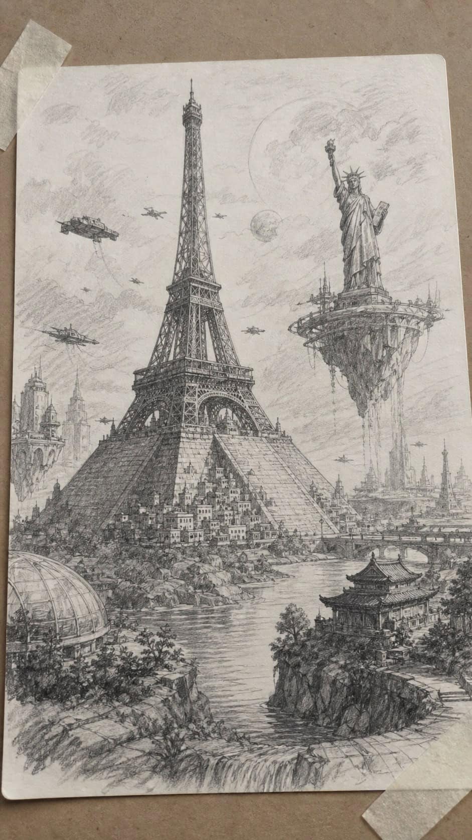 Bored with Your Sketchbook? 20 Drawing Ideas to Revive Your Creativity 17 Hand-drawn famous landmarks in an alternate universe in graphite drawing on textured paper, shown in a close overhead crop — study 1