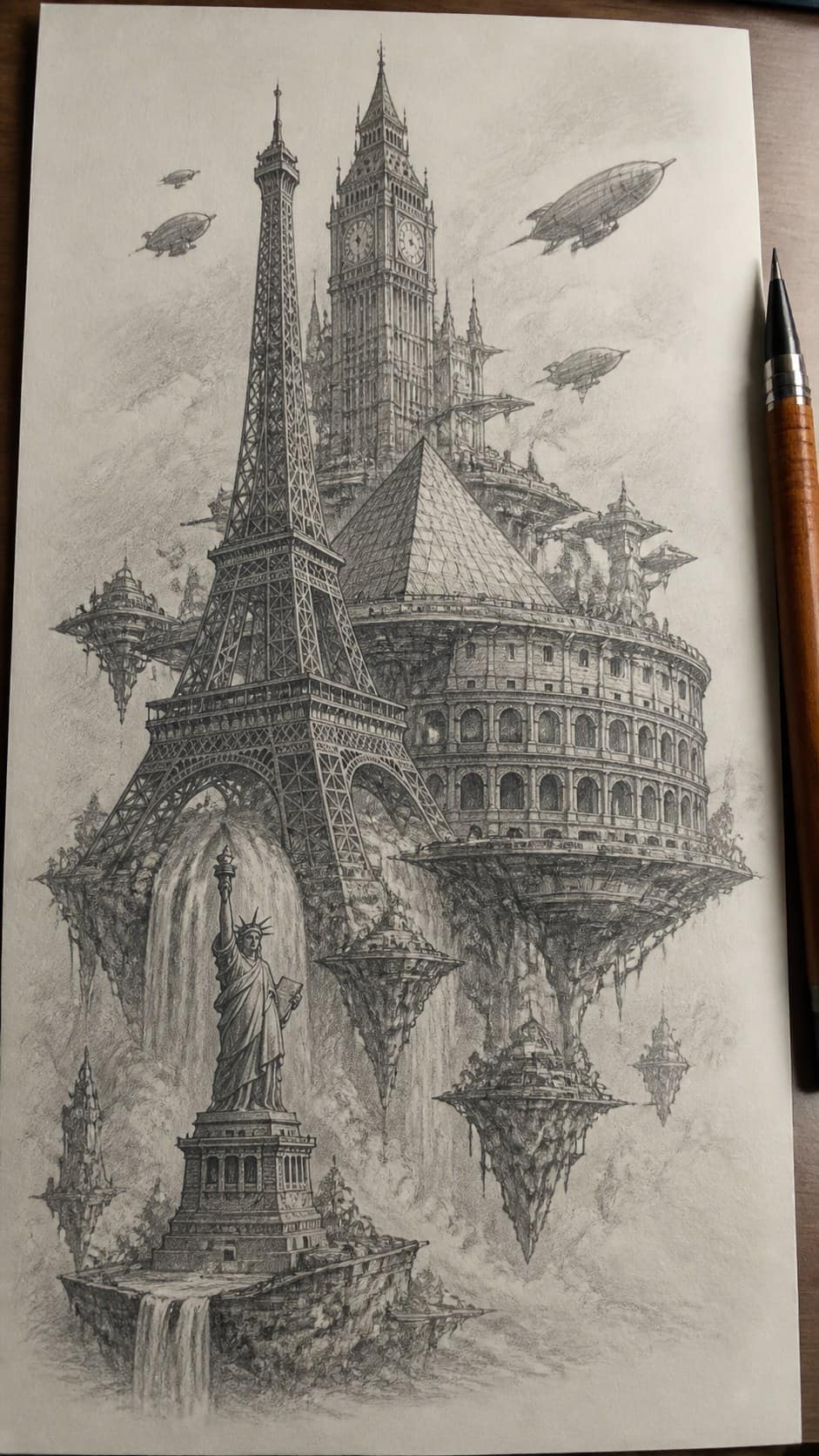 Bored with Your Sketchbook? 20 Drawing Ideas to Revive Your Creativity 18 Hand-drawn famous landmarks in an alternate universe in graphite drawing on textured paper, shown in a slightly off-center overhead — study 2