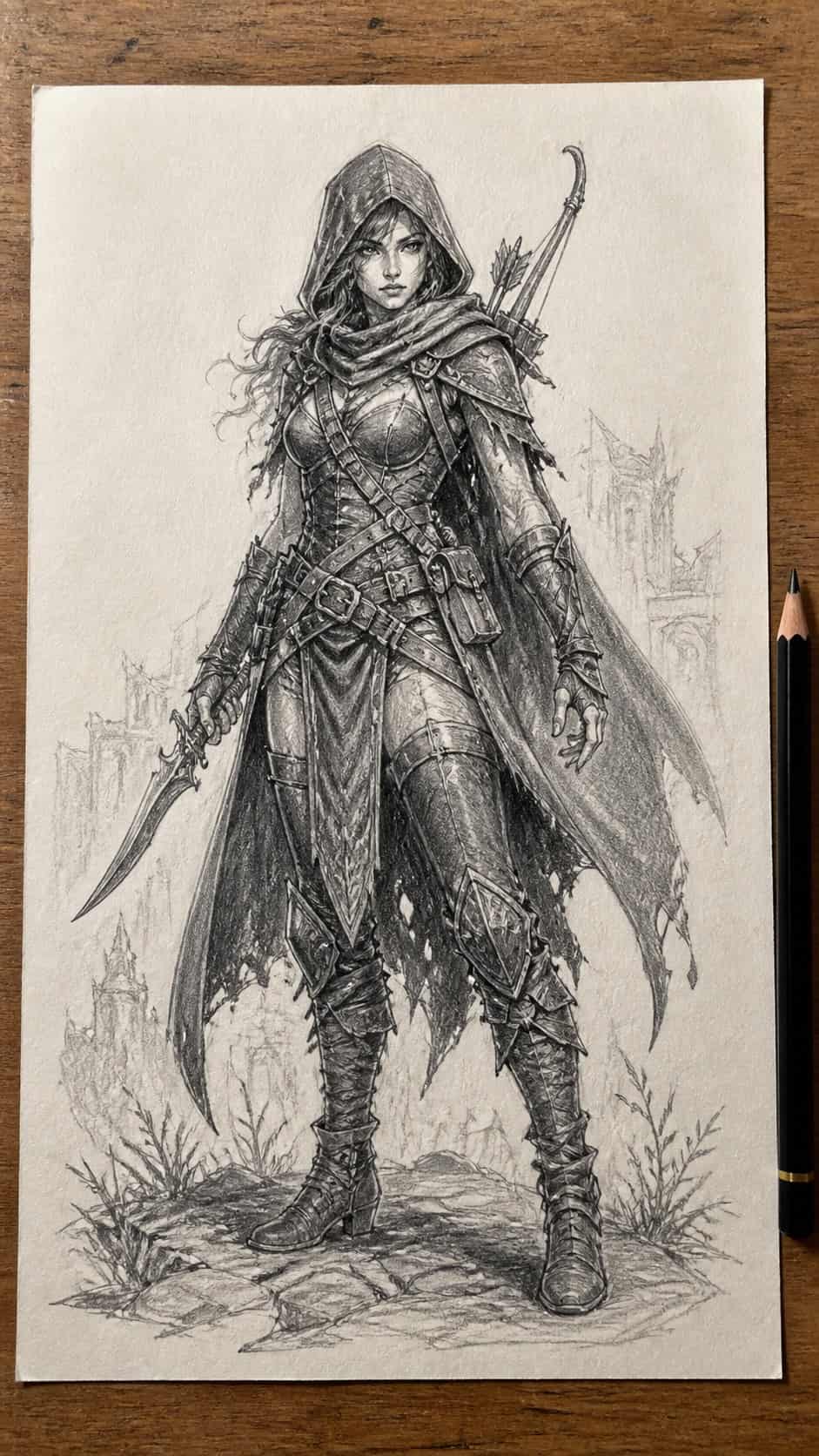 Bored with Your Sketchbook? 20 Drawing Ideas to Revive Your Creativity 19 Hand-drawn character design for video games in graphite drawing on textured paper, shown in a straight overhead view — study 1