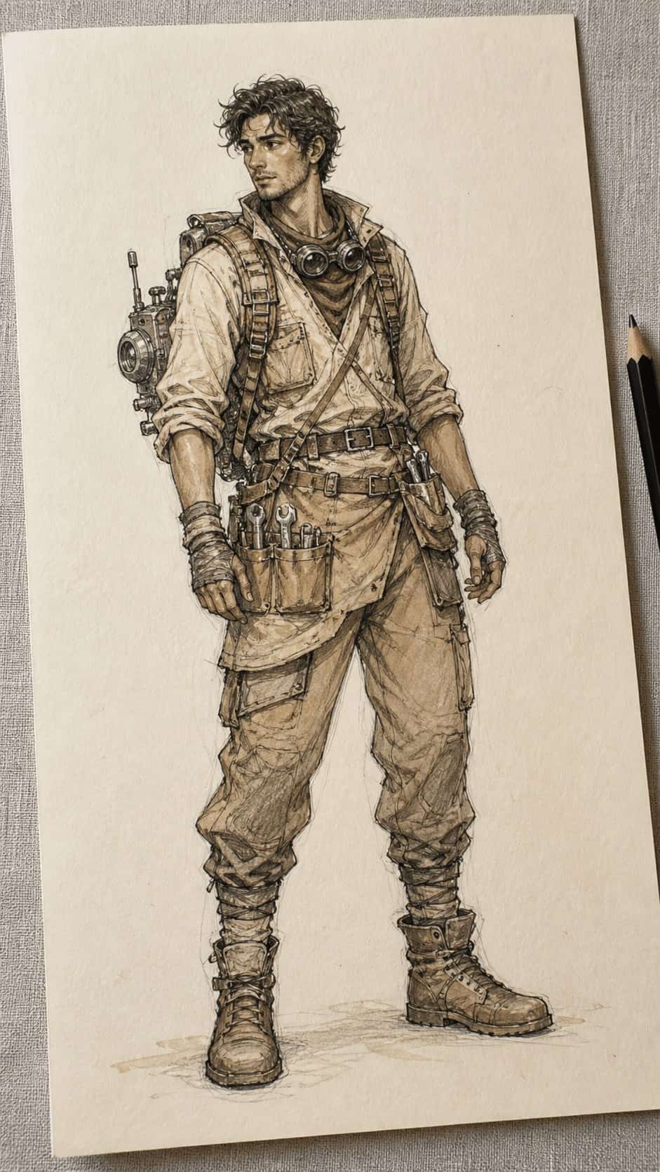 Bored with Your Sketchbook? 20 Drawing Ideas to Revive Your Creativity 20 Hand-drawn character design for video games in graphite drawing on textured paper, shown in a gentle oblique desk view that shows — study 2