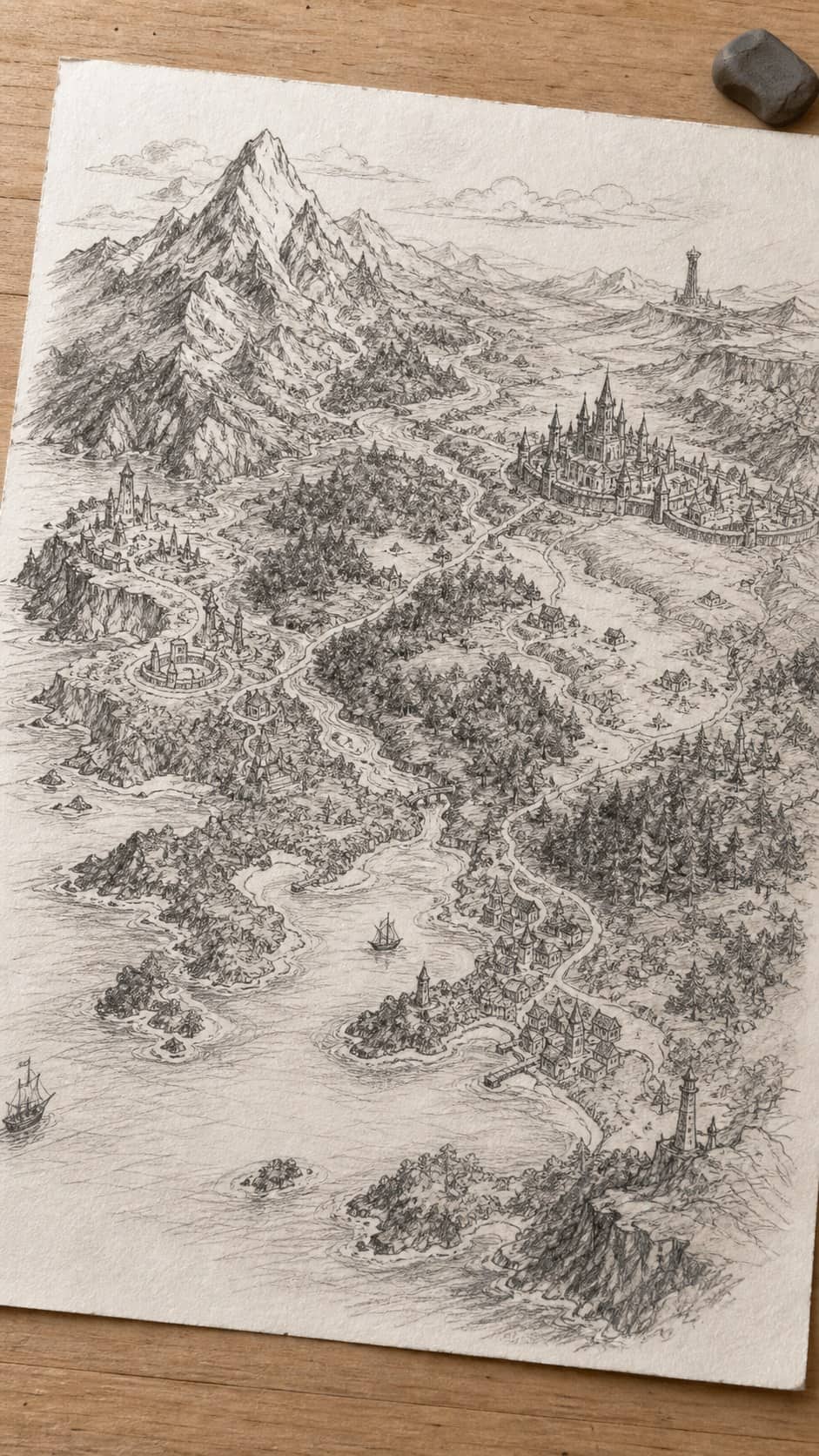 Bored with Your Sketchbook? 20 Drawing Ideas to Revive Your Creativity 26 Hand-drawn fantasy maps in graphite drawing on textured paper, shown in a gentle oblique desk view that shows paper tooth and shallow — study 1