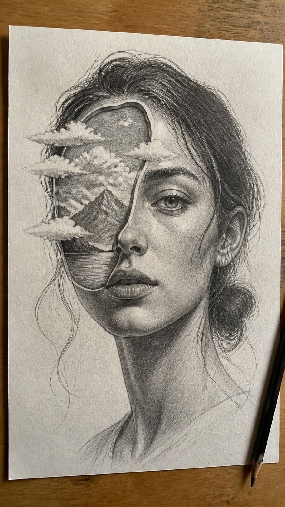 Bored with Your Sketchbook? 20 Drawing Ideas to Revive Your Creativity 33 Hand-drawn portraits with a twist in graphite drawing on textured paper, shown in a slightly off-center overhead composition, like an — study 1