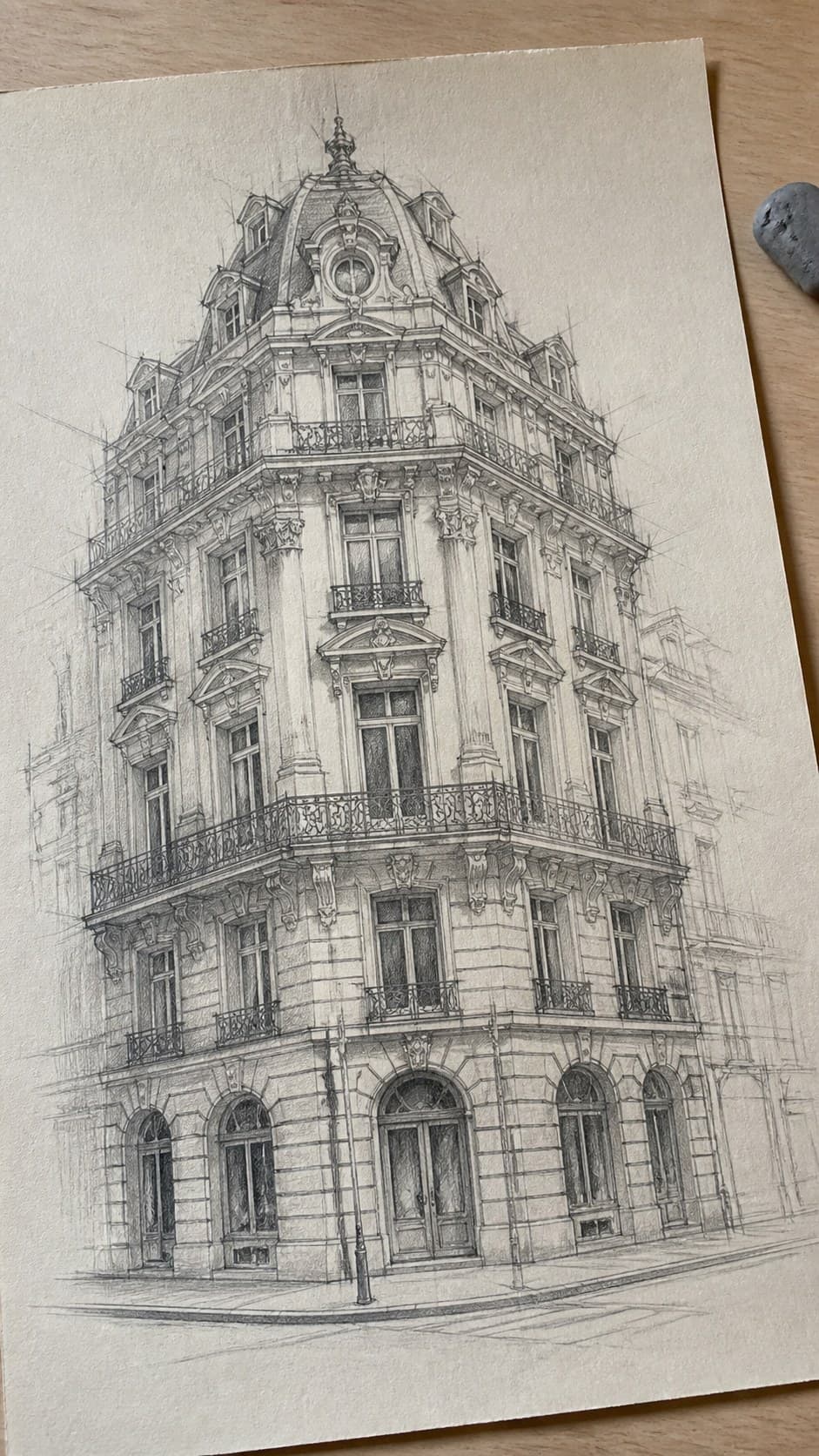 Bored with Your Sketchbook? 20 Drawing Ideas to Revive Your Creativity 35 Hand-drawn detailed architectural drawings in graphite drawing on textured paper, shown in a slightly off-center overhead composition — study 1