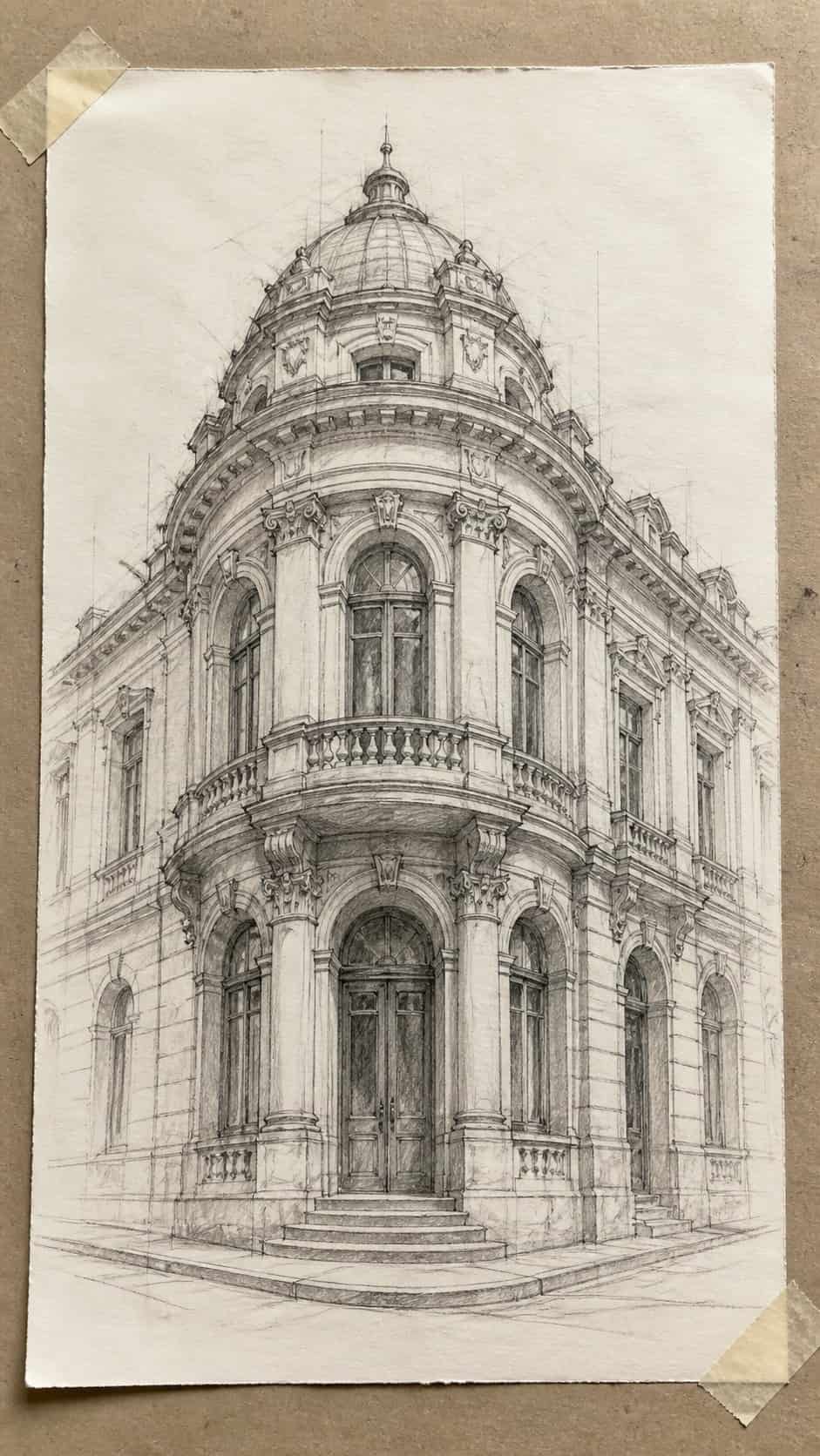 Bored with Your Sketchbook? 20 Drawing Ideas to Revive Your Creativity 36 Hand-drawn detailed architectural drawings in graphite drawing on textured paper, shown in a straight overhead view — study 2