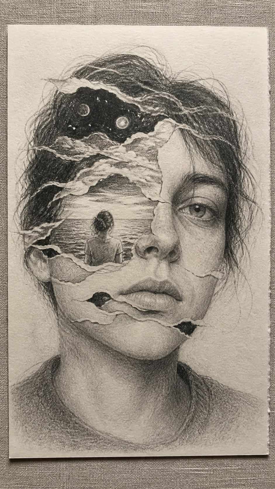 Bored with Your Sketchbook? 20 Drawing Ideas to Revive Your Creativity 43 Hand-drawn surreal self-portraits in graphite drawing on textured paper, shown in a close overhead crop — study 1