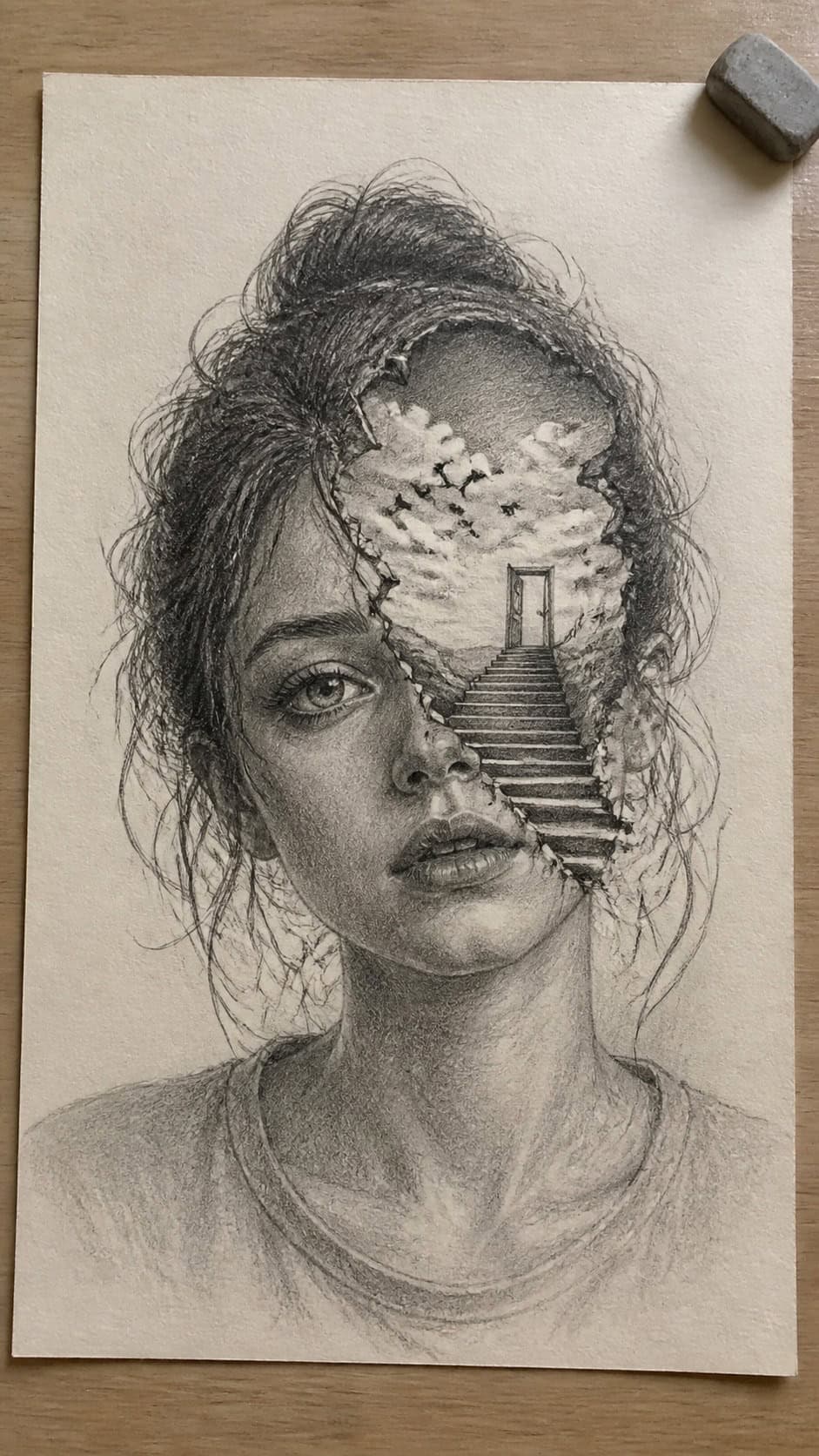 Bored with Your Sketchbook? 20 Drawing Ideas to Revive Your Creativity 44 Hand-drawn surreal self-portraits in graphite drawing on textured paper, shown in a slightly off-center overhead composition, like an — study 2