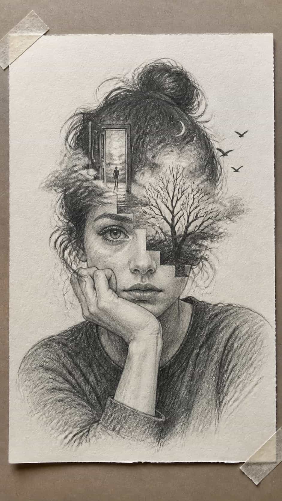 Bored with Your Sketchbook? 20 Drawing Ideas to Revive Your Creativity 45 Hand-drawn surreal self-portraits in graphite drawing on textured paper, shown in a straight overhead view — study 3