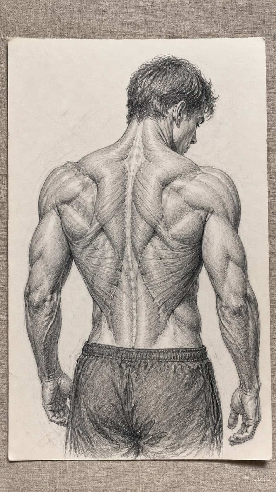 19 Creative Body Sketch Ideas Every Artist Should Try 14 Hand-drawn intricate back muscles in graphite drawing on textured paper, shown in a straight overhead view — study 1