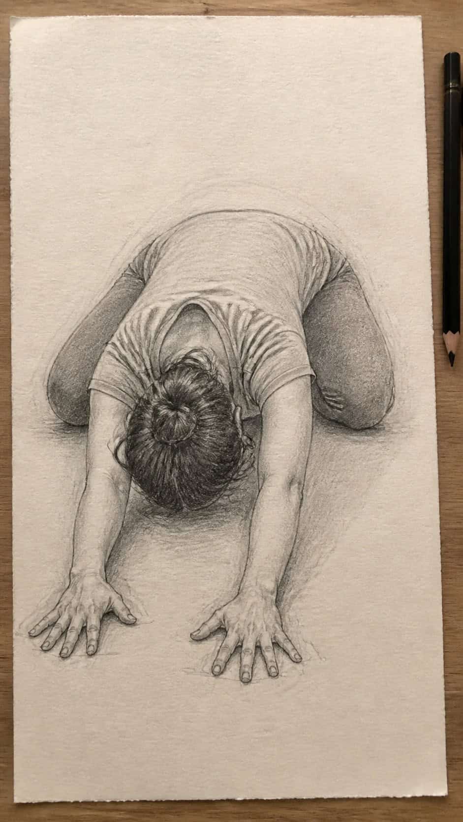 19 Creative Body Sketch Ideas Every Artist Should Try 19 Hand-drawn playful child's pose in graphite drawing on textured paper, shown in a straight overhead view — study 1