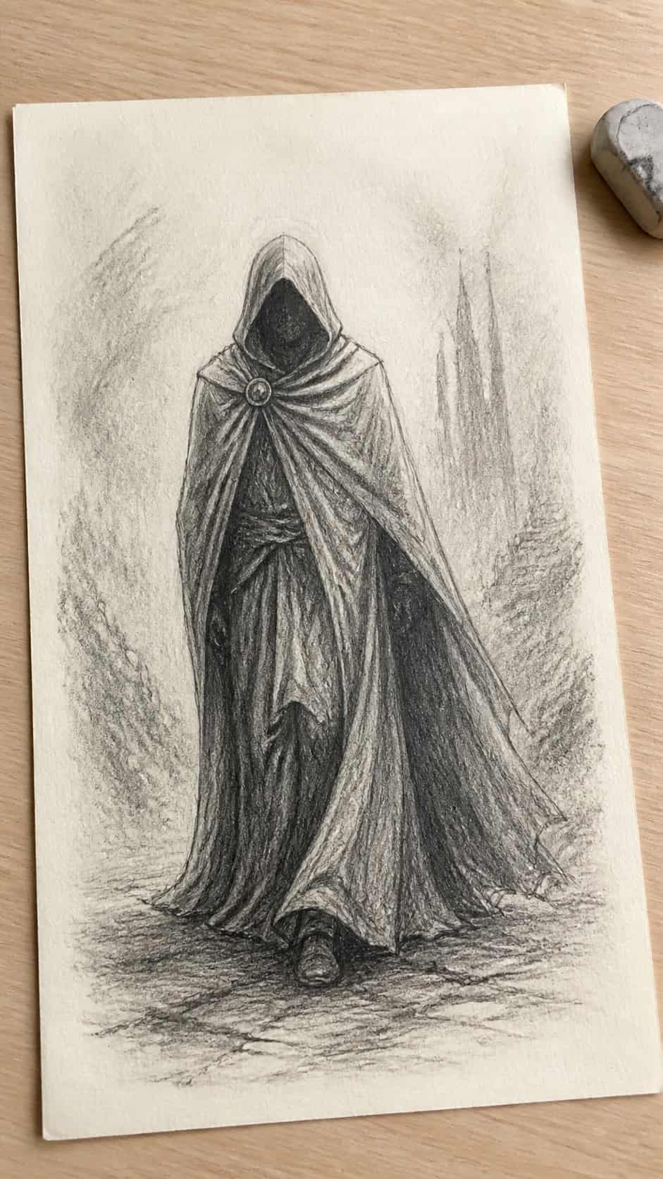 19 Creative Body Sketch Ideas Every Artist Should Try 25 Hand-drawn mystical cloaked figure in graphite drawing on textured paper, shown in a slightly off-center overhead composition, like an — study 1