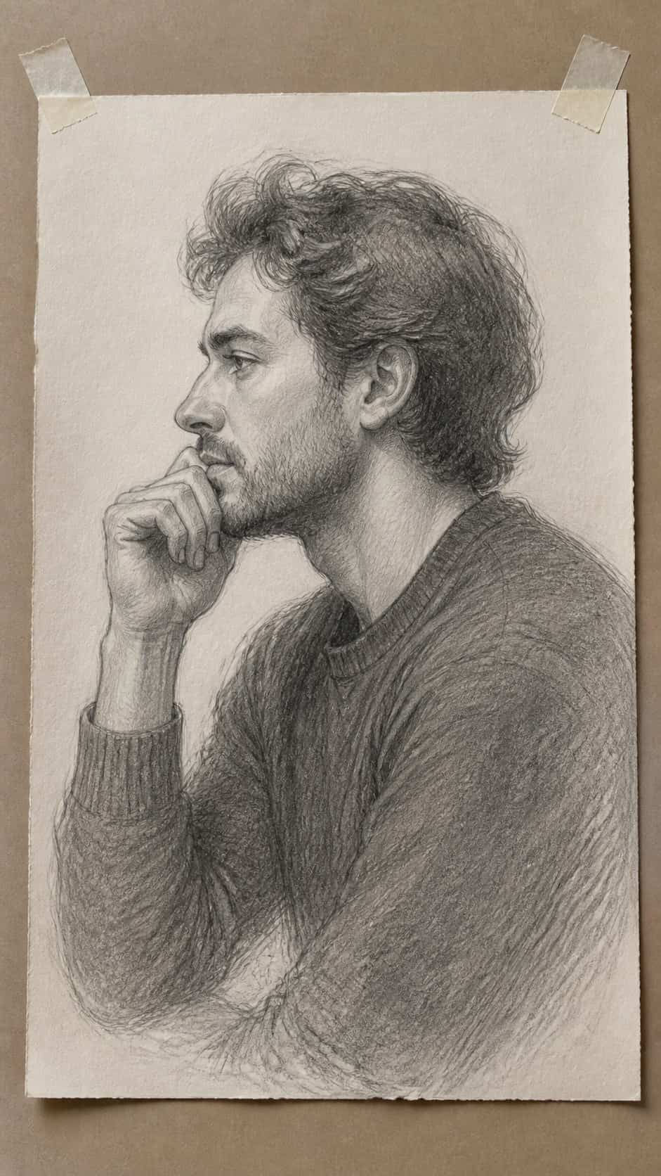19 Creative Body Sketch Ideas Every Artist Should Try 27 Hand-drawn pensive profile in graphite drawing on textured paper, shown in a straight overhead view — study 1