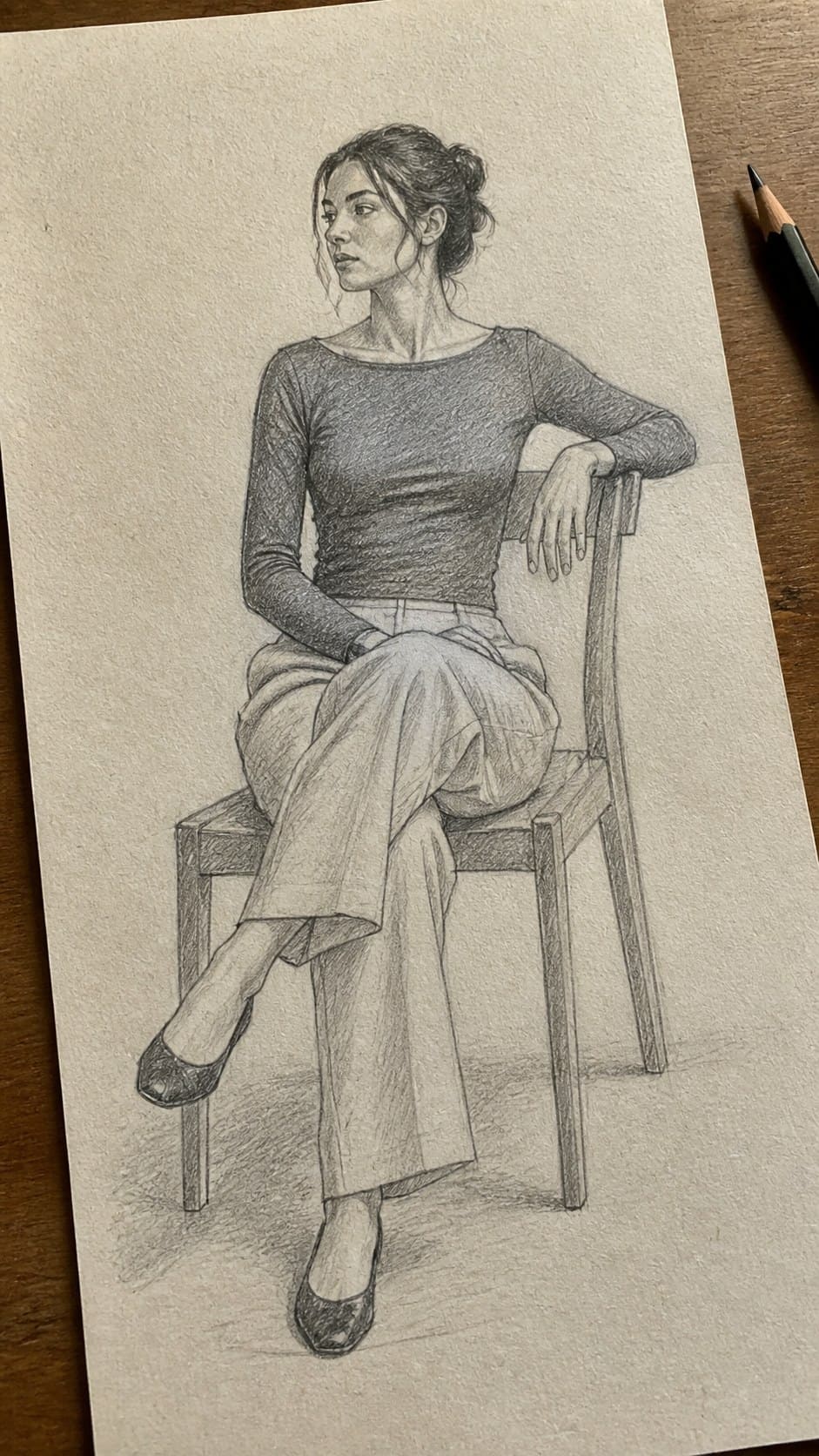 19 Creative Body Sketch Ideas Every Artist Should Try 31 Hand-drawn elegant sitting pose in graphite drawing on textured paper, shown in a gentle oblique desk view that shows paper tooth and — study 1