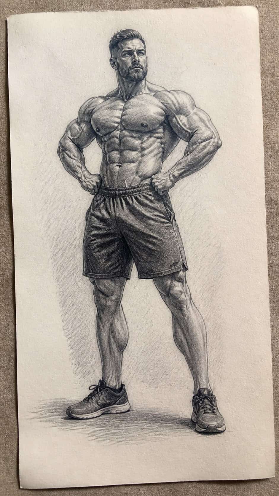 19 Creative Body Sketch Ideas Every Artist Should Try 35 Hand-drawn powerful bodybuilder stance in graphite drawing on textured paper, shown in a slightly off-center overhead composition — study 1