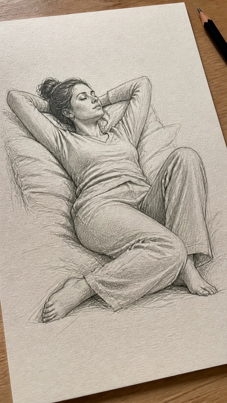 19 Creative Body Sketch Ideas Every Artist Should Try 37 Hand-drawn relaxed reclining pose in graphite drawing on textured paper, shown in a gentle oblique desk view that shows paper tooth — study 1